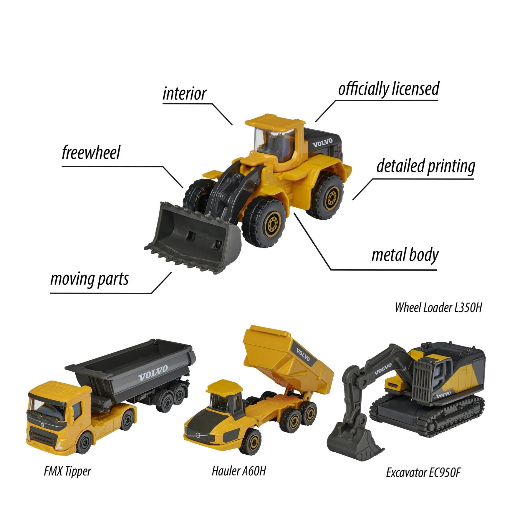 Majorette – Volvo Baustellenfahrzeuge 4er Geschenkset – Bagger, Radlader, Kipplaster, Knicklenker, Spielzeugautos aus Metall, für Kinder ab 3 Jahren, Schwarz/Gelb - Image 4