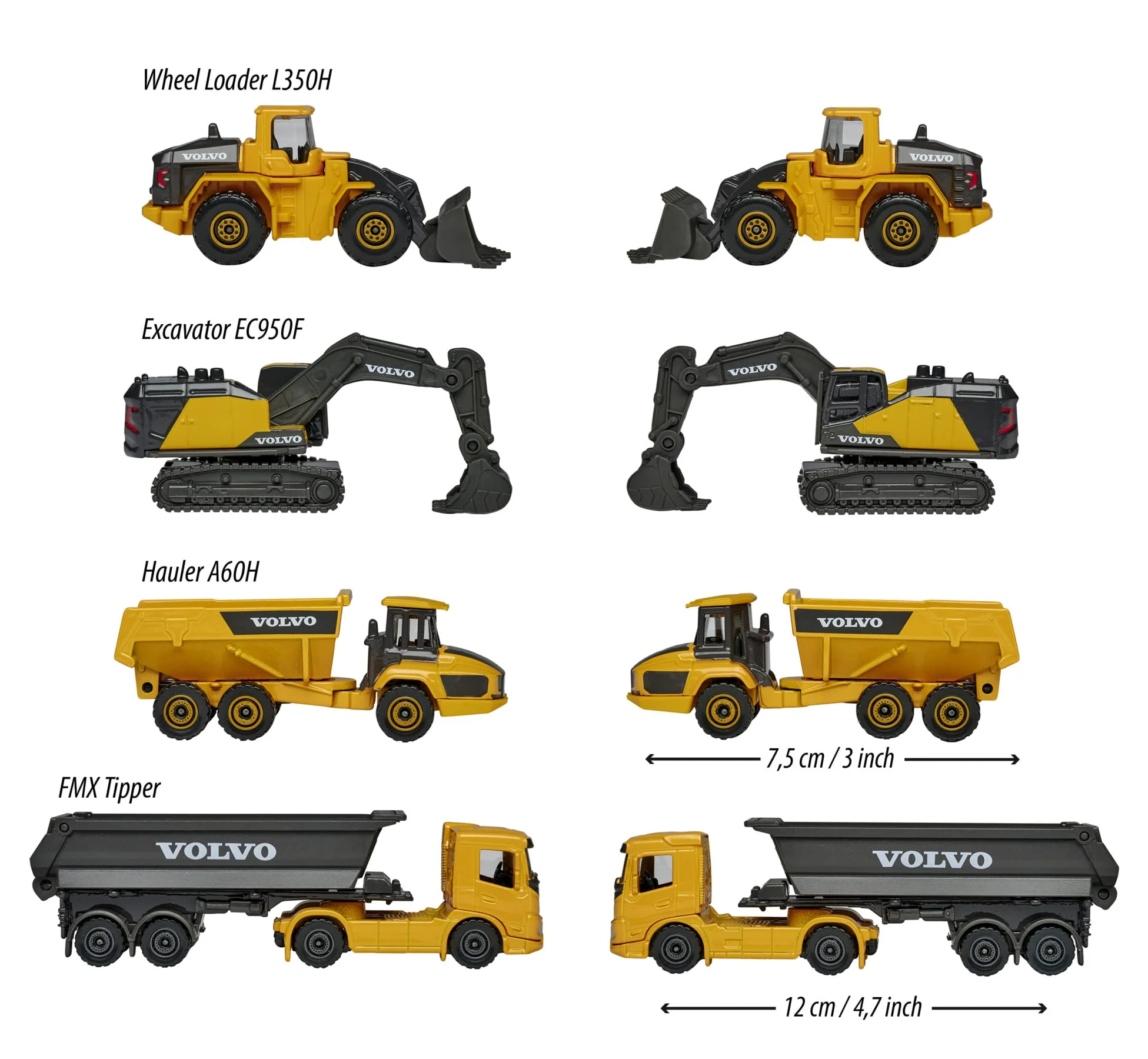 Majorette – Volvo Baustellenfahrzeuge 4er Geschenkset – Bagger, Radlader, Kipplaster, Knicklenker, Spielzeugautos aus Metall, für Kinder ab 3 Jahren, Schwarz/Gelb - Image 5