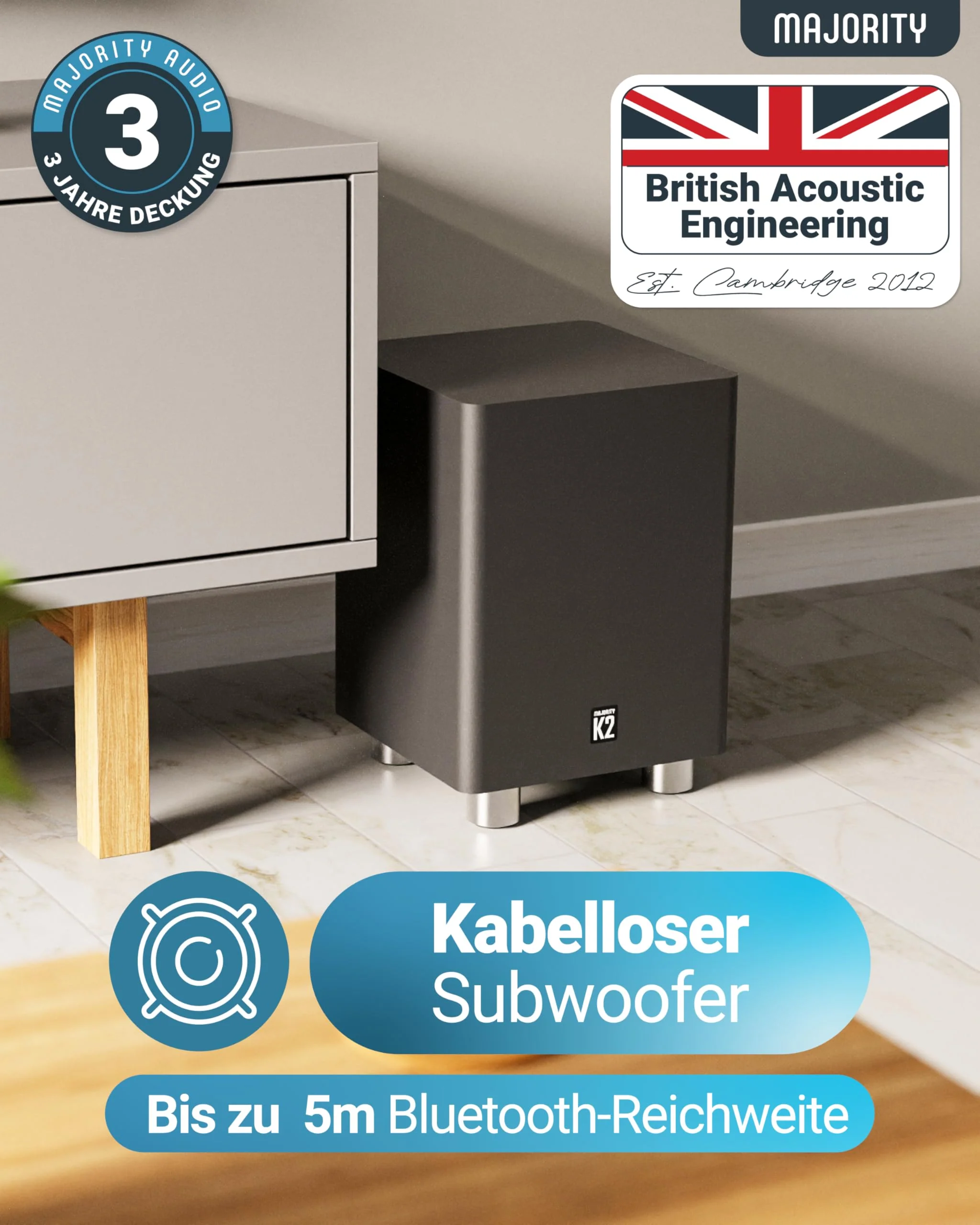 Majority K2 Soundbar, leistungsstark, kabellos, 150 W, mit Surround-Sound, Subwoofer, Bluetooth, HDMI Arc (CEC), große Fernbedienung, AUX, USB, UKW-Radio, optischer Eingang, Cinch-Kabel (schwarz) - Image 3