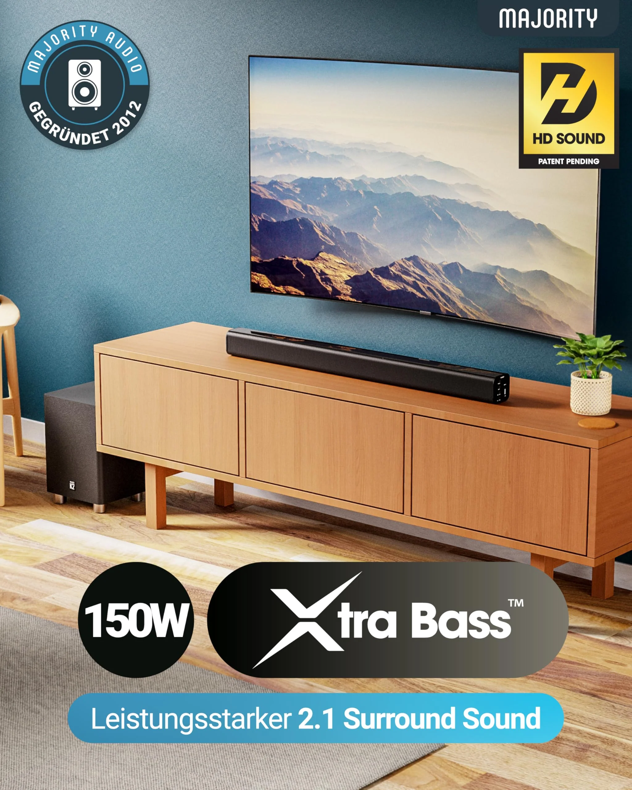 Majority K2 Soundbar, leistungsstark, kabellos, 150 W, mit Surround-Sound, Subwoofer, Bluetooth, HDMI Arc (CEC), große Fernbedienung, AUX, USB, UKW-Radio, optischer Eingang, Cinch-Kabel (schwarz) - Image 4