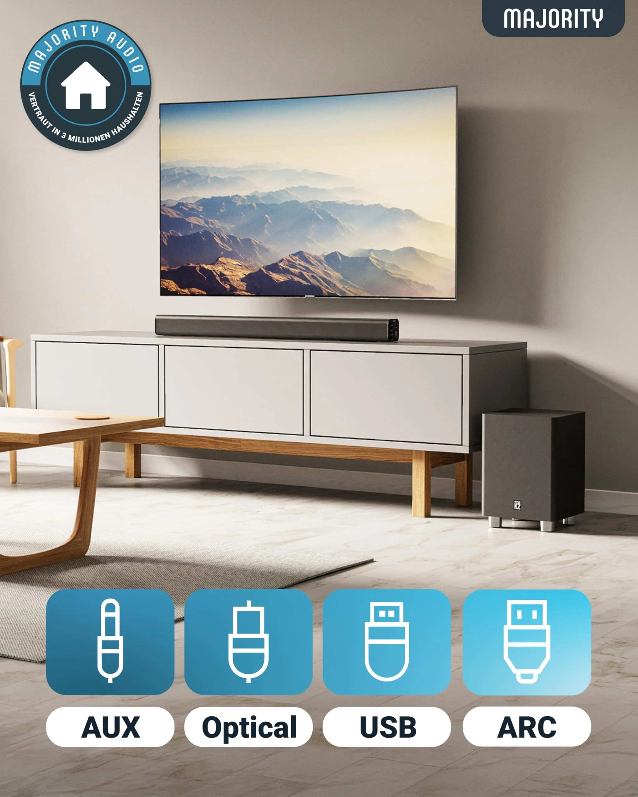Majority K2 Soundbar, leistungsstark, kabellos, 150 W, mit Surround-Sound, Subwoofer, Bluetooth, HDMI Arc (CEC), große Fernbedienung, AUX, USB, UKW-Radio, optischer Eingang, Cinch-Kabel (schwarz) - Image 7
