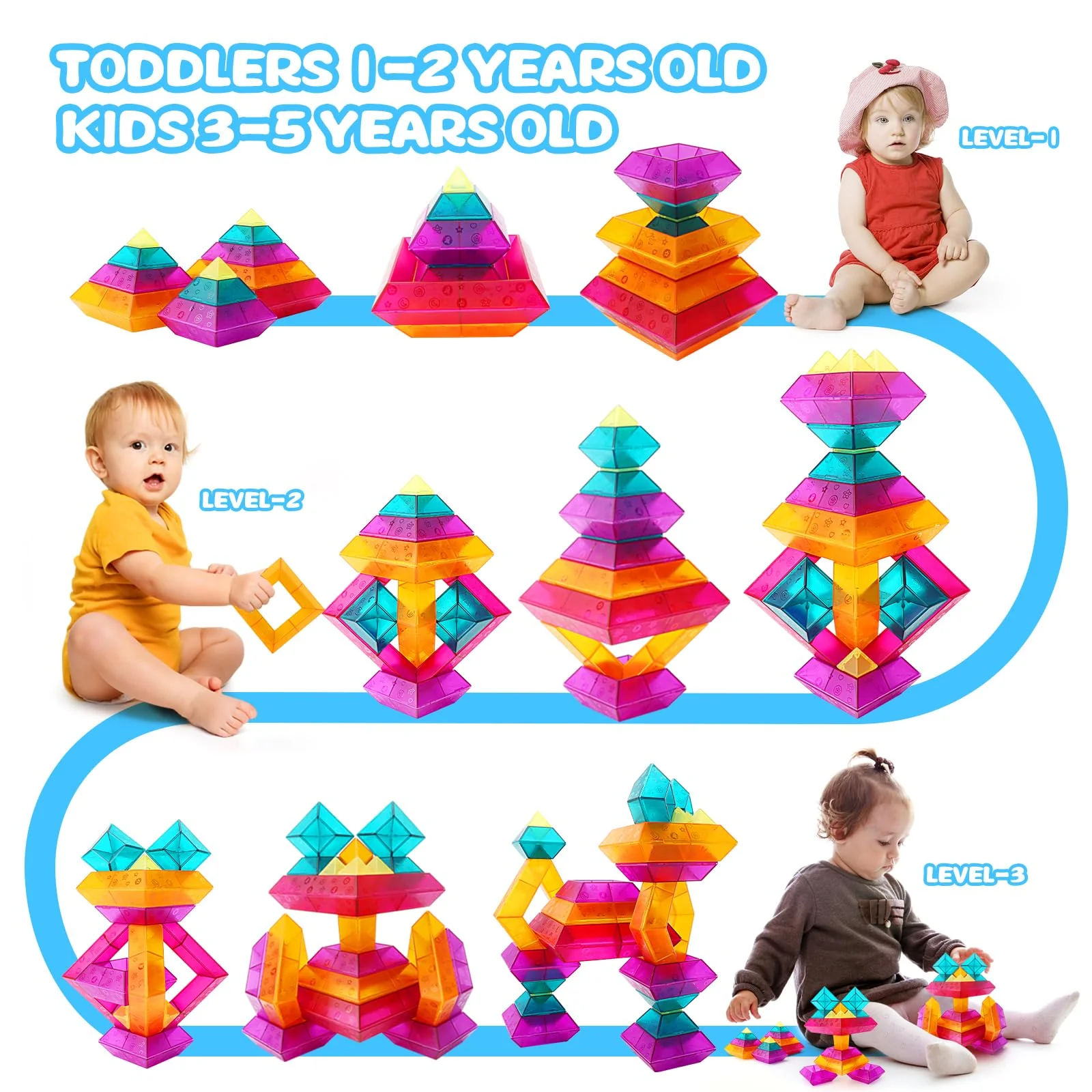 MAKE KIDS SMILE BUBBLE FUN Bausteine für Kleinkinder ab 2 3 4 5 6 Jahre,30 Stück Pyramide Stapelspielzeug,Farbige Blöcke Bauspielzeugsets STEM Spielzeug für Jungen und Mädchen - Image 8