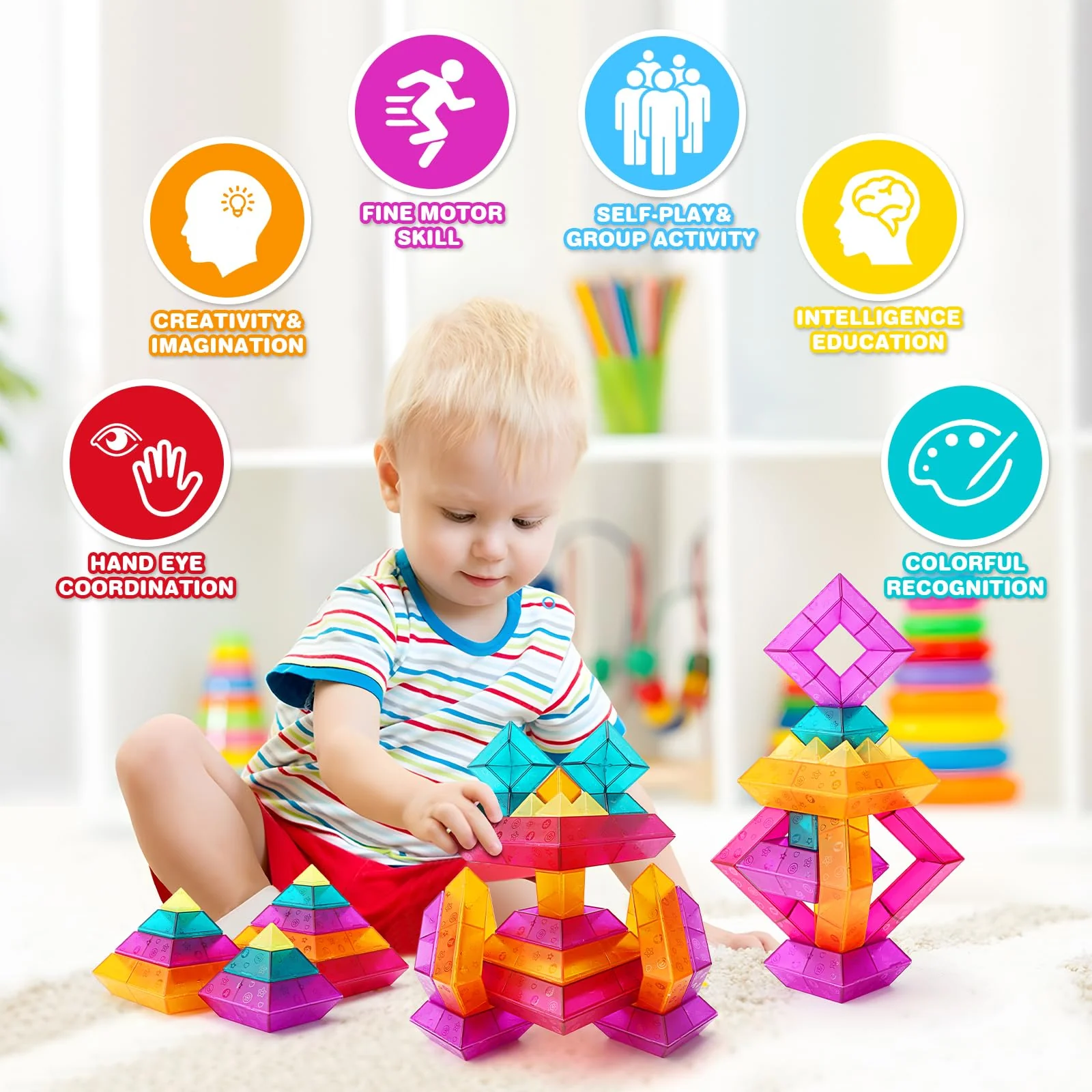 MAKE KIDS SMILE BUBBLE FUN Bausteine für Kleinkinder ab 2 3 4 5 6 Jahre,30 Stück Pyramide Stapelspielzeug,Farbige Blöcke Bauspielzeugsets STEM Spielzeug für Jungen und Mädchen - Image 9