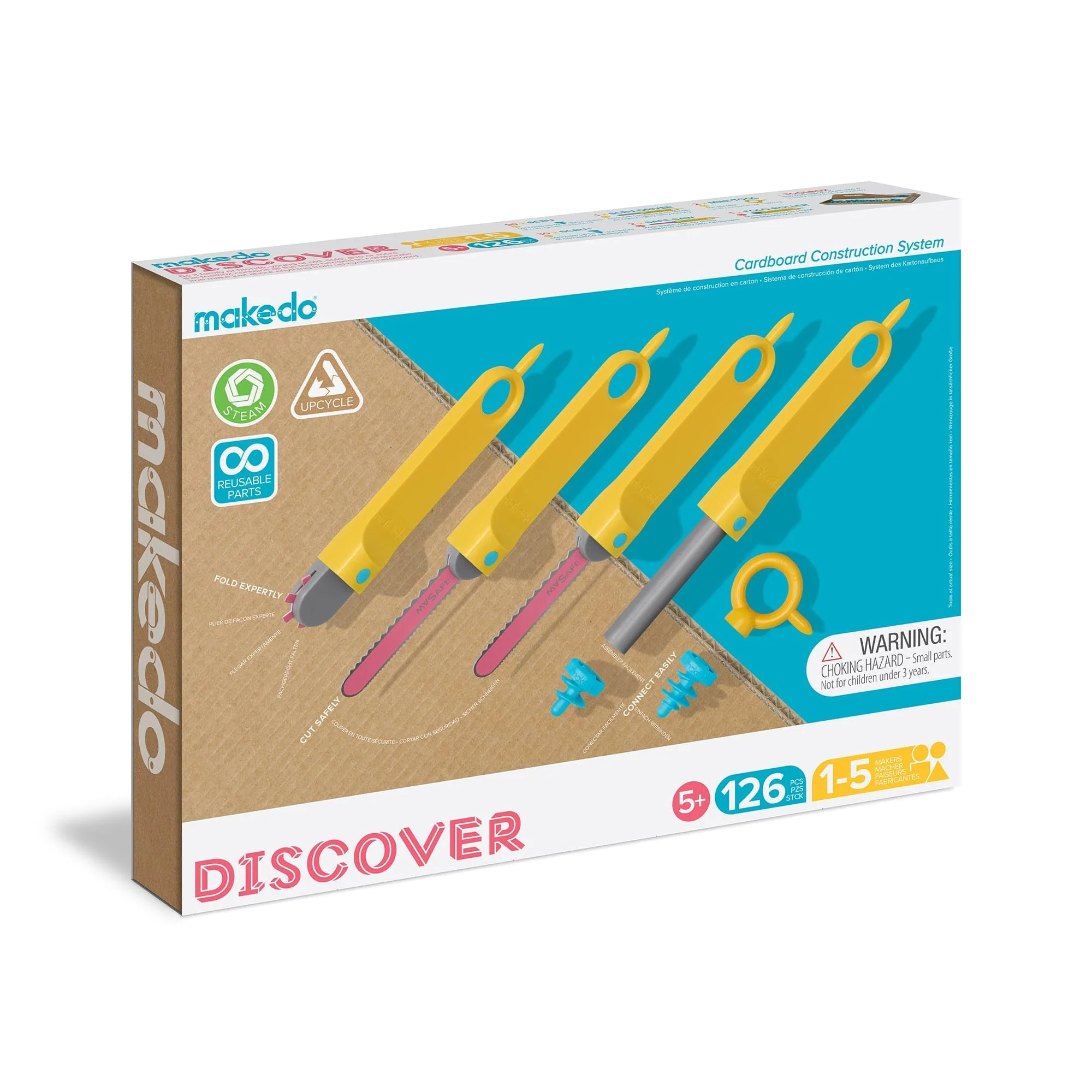 Makedo - Konstruktionsspielzeuge für Pappe, Kinderspiele ab 5, Mint-Lernspielzeug, perfekt für das kreative Spielen zu Hause - 126-teiliger Werkzeugsatz - Discover Packung