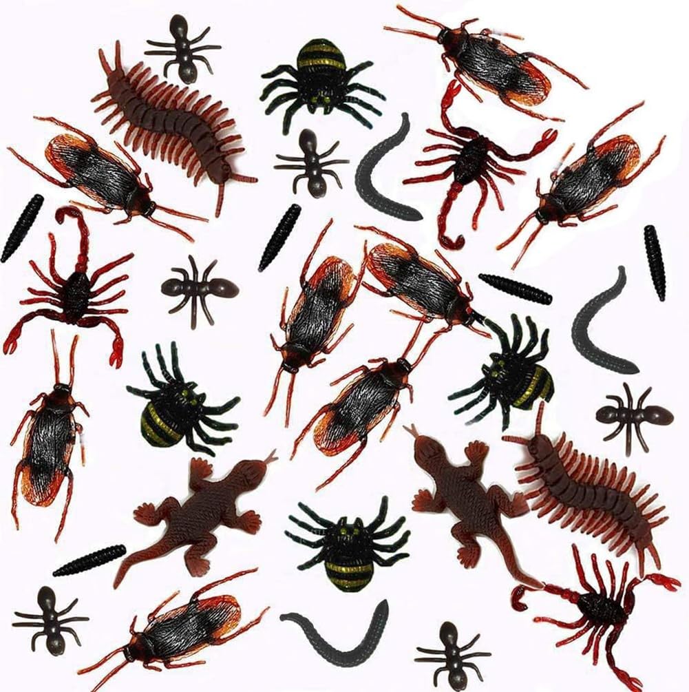 MAKFORT Realistische Käfer, Insekten, künstliche Kakerlaken, Spinnen, Skorpione, Ameisen, Geckos, Tausendfüßler und Würmer für Halloween-Partys, 100 Stück