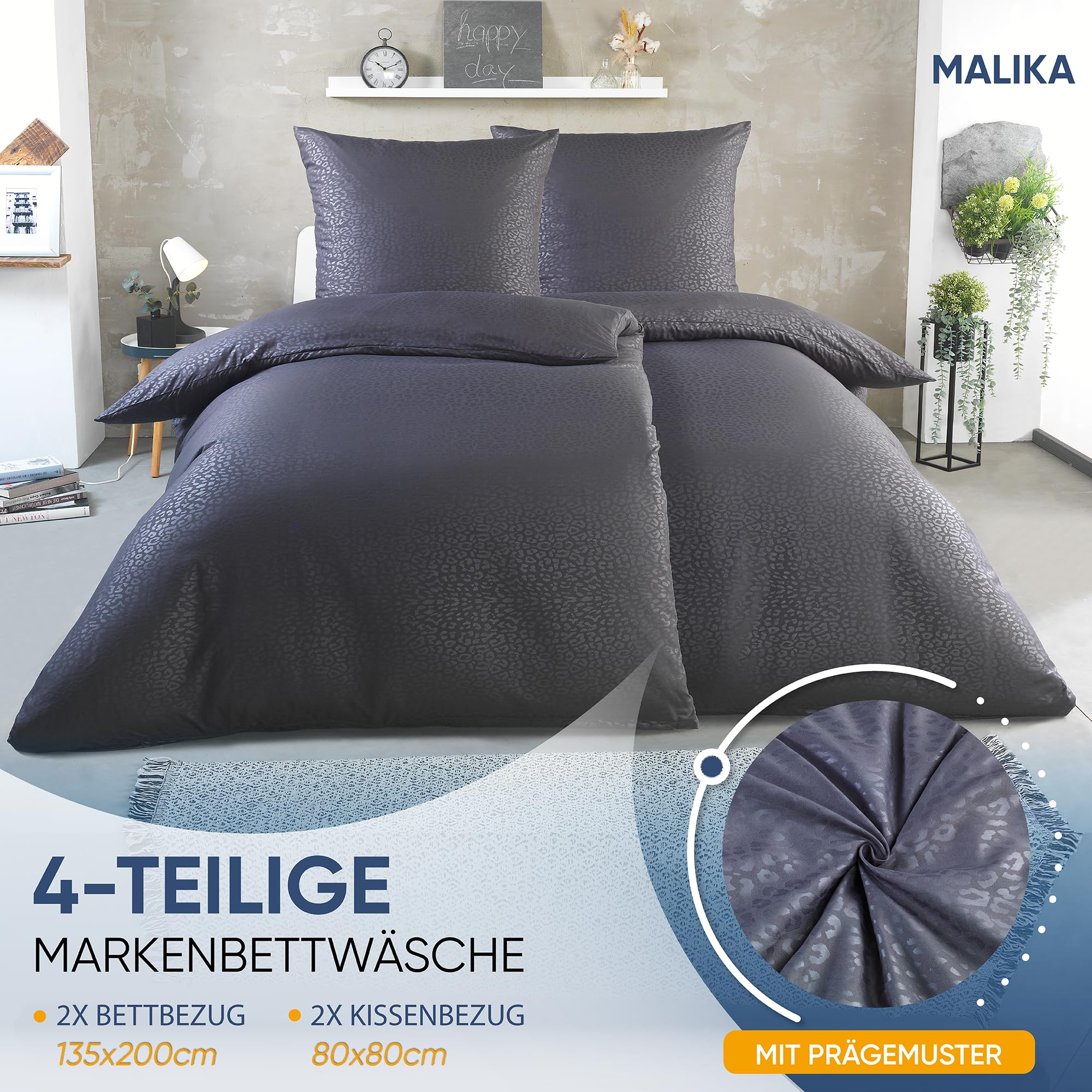 MALIKA® Bettwäsche Prägedruck 135x200 4 teilig | ÖkoTex Zertifiziert & für Allergiker geeignet |Bettwäsche Set mit je 2 Bettbezügen 135 x 200 & 2 Kissenbezügen 80x80 - Image 3