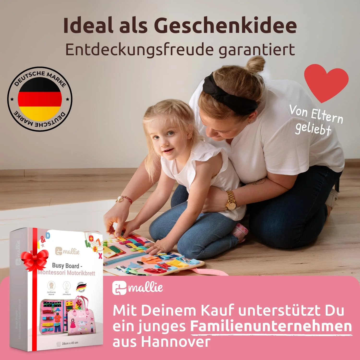 Mallie® Busy Board Deutsch inkl. Gratis Reisetasche & Montessori Buch und Perfekt für Reisen im Auto, Zug oder Flugzeug I100% BPA-Frei als Quiet Book & Busy Book I Activity Board Busy Book - Image 2