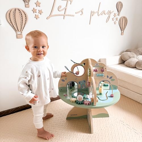 mamabrum Bildungstisch & Motoriktisch Holz für Kinder ab 12 Monaten – Aktivitätstisch mit Motorikschleife, Formensortierer, Abakus & Lernuhr – Montessori Lernspielzeug MAM195 - Image 2