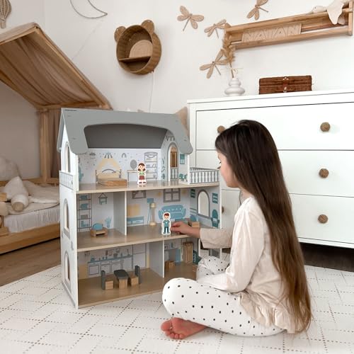 Mamabrum Holzpuppenhaus 3-Etagen mit Möbeln & Zubehör - Sicherheitsgeprüftes Kinderspielhaus für Rollenspiele - Puppenhaus mit Schlafzimmer, Wohnzimmer, KüChe & Bad - Image 2