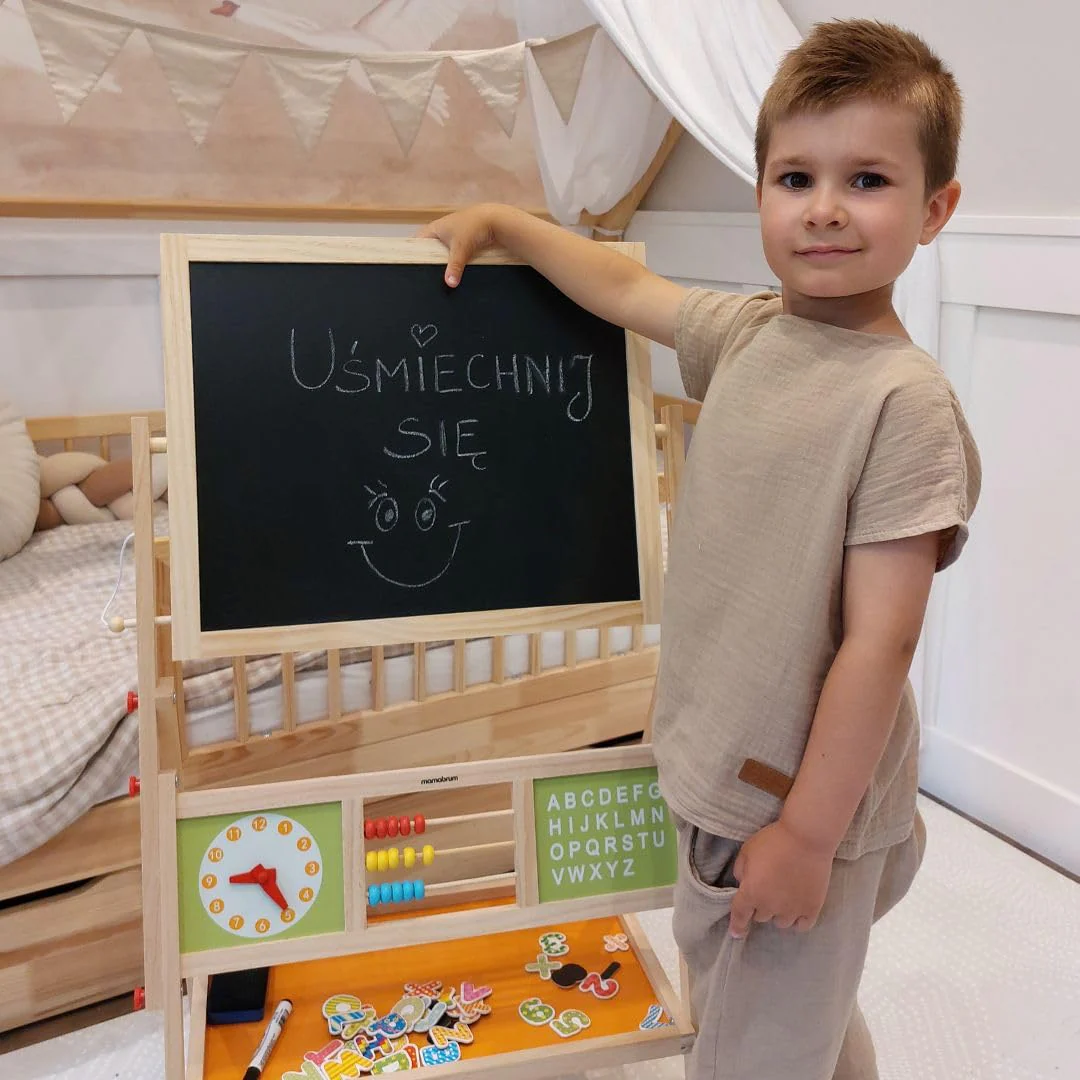 Mamabrum, Spieltafel aus Holz, doppelseitige Kindertafel Magnetisch und Kreide Kindertafel, Doppelseitiges, Zeichenbrett Kinder Tafel, Spieltafel mit Aufbewahrungsregal und Zubehör - Image 12