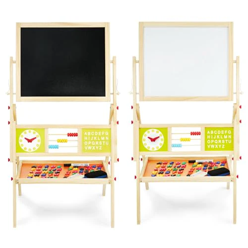 Mamabrum, Spieltafel aus Holz, doppelseitige Kindertafel Magnetisch und Kreide Kindertafel, Doppelseitiges, Zeichenbrett Kinder Tafel, Spieltafel mit Aufbewahrungsregal und Zubehör - Image 4