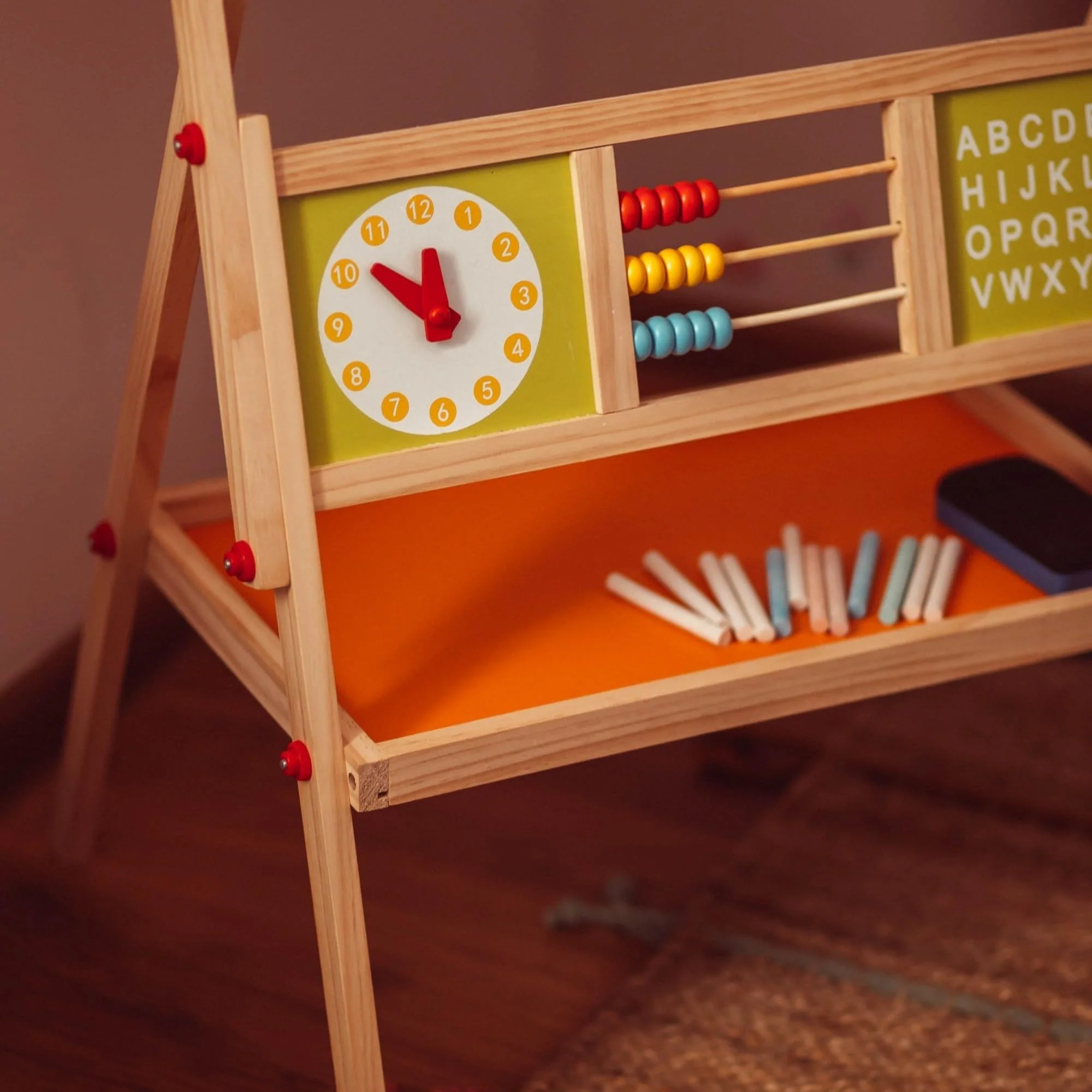 Mamabrum, Spieltafel aus Holz, doppelseitige Kindertafel Magnetisch und Kreide Kindertafel, Doppelseitiges, Zeichenbrett Kinder Tafel, Spieltafel mit Aufbewahrungsregal und Zubehör - Image 5