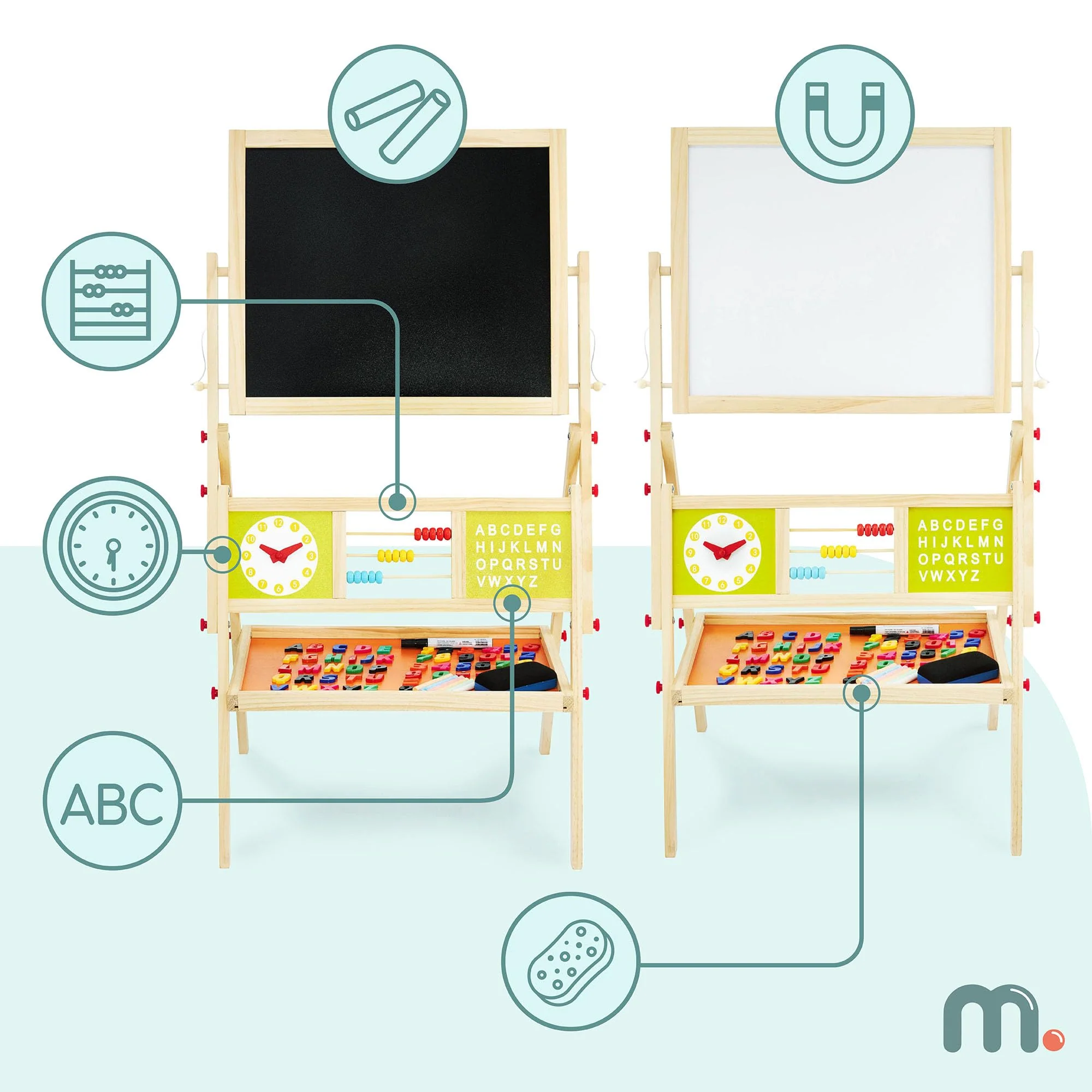 Mamabrum, Spieltafel aus Holz, doppelseitige Kindertafel Magnetisch und Kreide Kindertafel, Doppelseitiges, Zeichenbrett Kinder Tafel, Spieltafel mit Aufbewahrungsregal und Zubehör - Image 7