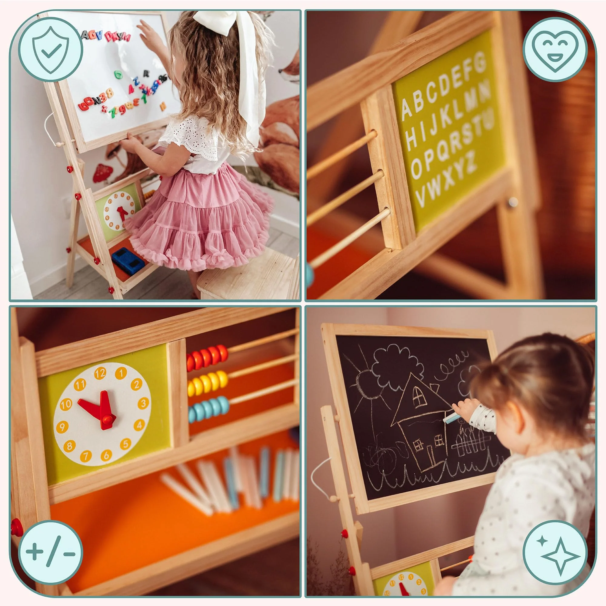 Mamabrum, Spieltafel aus Holz, doppelseitige Kindertafel Magnetisch und Kreide Kindertafel, Doppelseitiges, Zeichenbrett Kinder Tafel, Spieltafel mit Aufbewahrungsregal und Zubehör - Image 8
