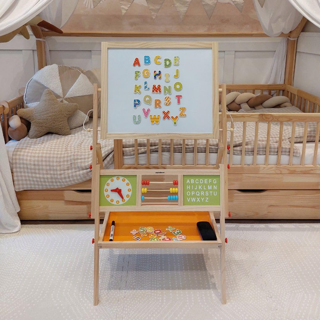 Mamabrum, Spieltafel aus Holz, doppelseitige Kindertafel Magnetisch und Kreide Kindertafel, Doppelseitiges, Zeichenbrett Kinder Tafel, Spieltafel mit Aufbewahrungsregal und Zubehör - Image 9