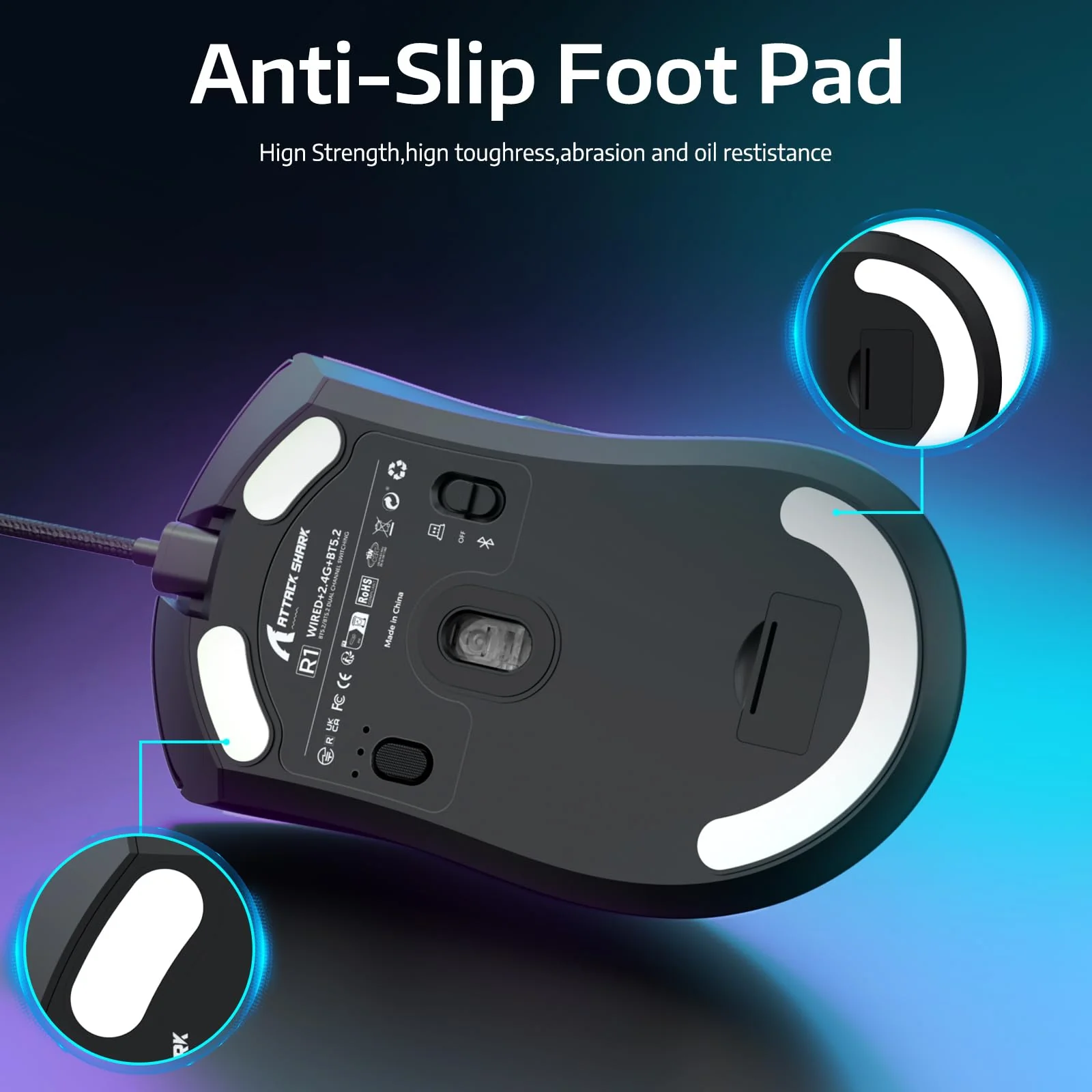 MAMBASNAKE × Attack Shark R1 59 g leichte kabellose Tri-Mode-Gaming-Maus, 2,4 GHz/Bluetooth/Kabelverbindung, 5 programmierbare Tasten, 6 einstellbare DPI bis zu 18000, PixArt PAW3311– Schwarz - Image 4