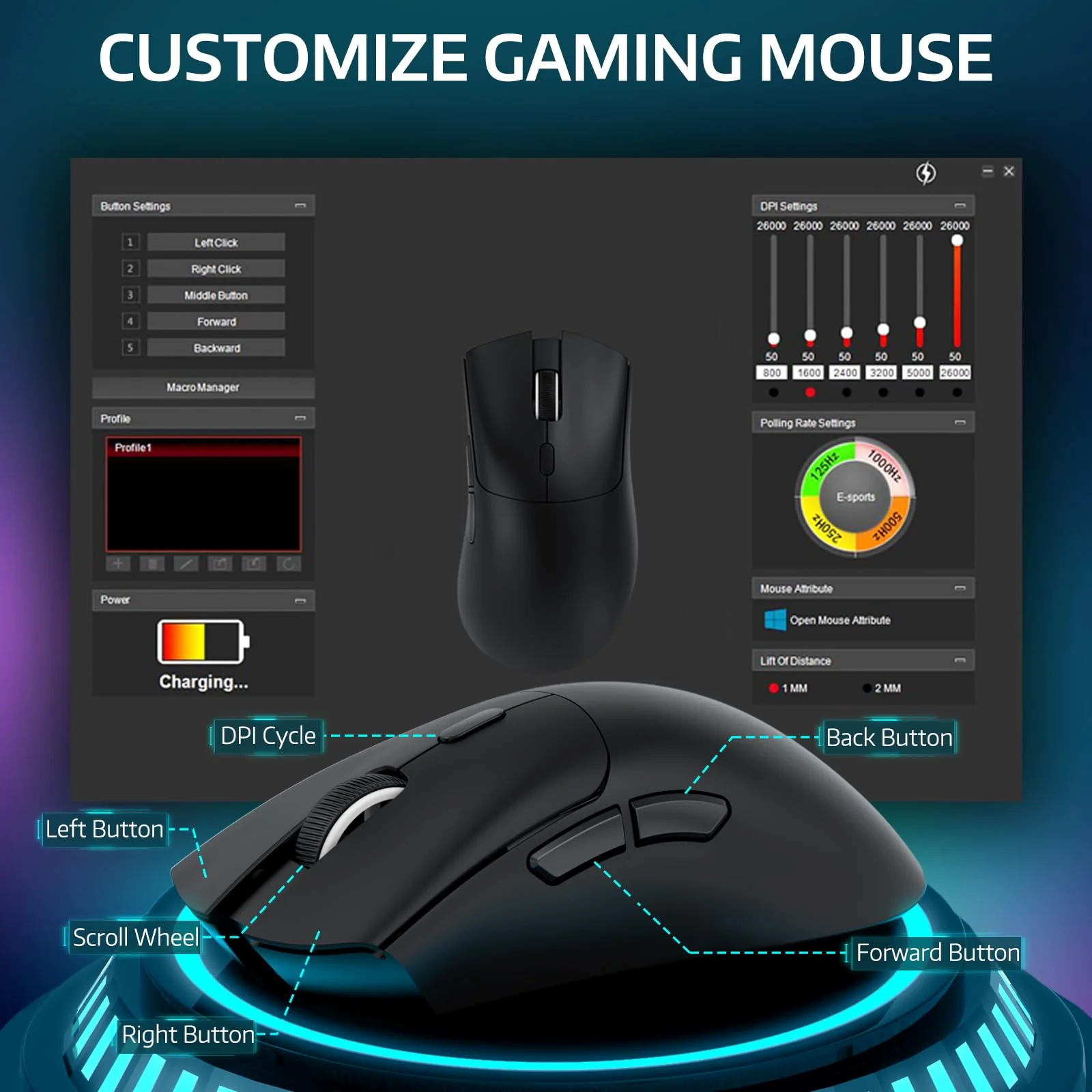 MAMBASNAKE × Attack Shark R1 59 g leichte kabellose Tri-Mode-Gaming-Maus, 2,4 GHz/Bluetooth/Kabelverbindung, 5 programmierbare Tasten, 6 einstellbare DPI bis zu 18000, PixArt PAW3311– Schwarz - Image 5