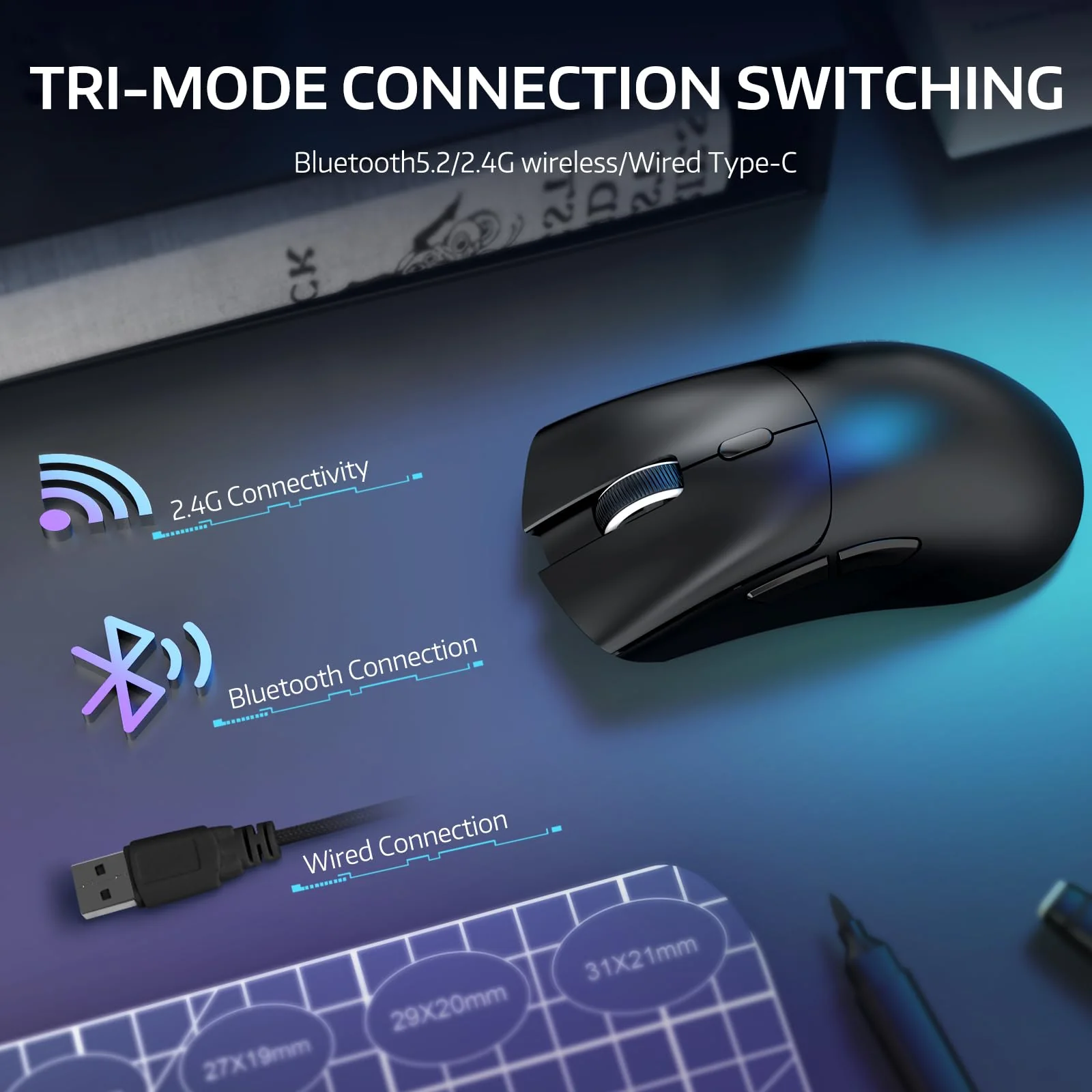 MAMBASNAKE × Attack Shark R1 59 g leichte kabellose Tri-Mode-Gaming-Maus, 2,4 GHz/Bluetooth/Kabelverbindung, 5 programmierbare Tasten, 6 einstellbare DPI bis zu 18000, PixArt PAW3311– Schwarz - Image 8