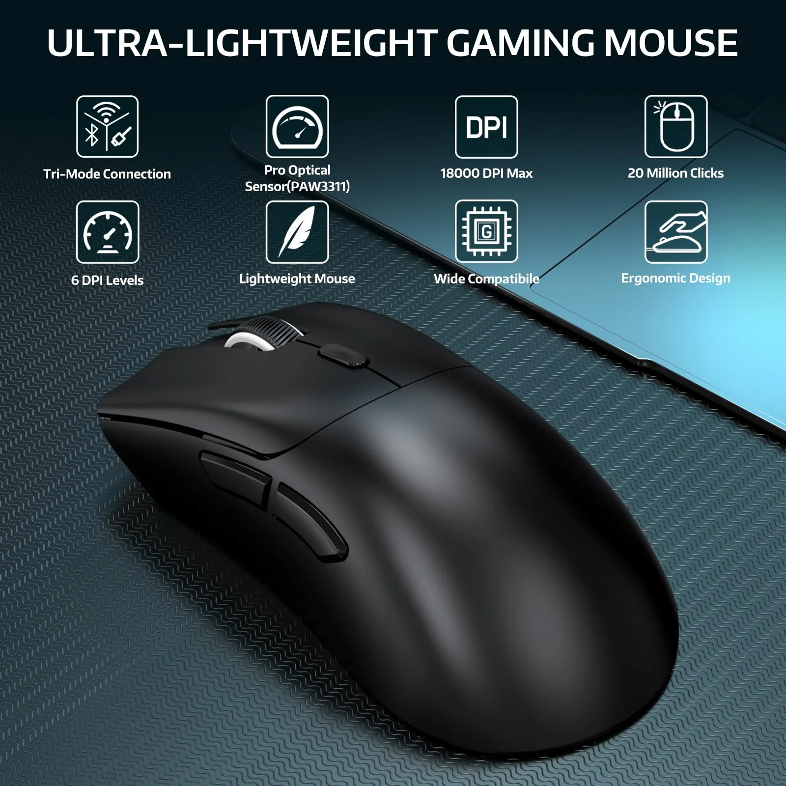 MAMBASNAKE × Attack Shark R1 59 g leichte kabellose Tri-Mode-Gaming-Maus, 2,4 GHz/Bluetooth/Kabelverbindung, 5 programmierbare Tasten, 6 einstellbare DPI bis zu 18000, PixArt PAW3311– Schwarz - Image 9