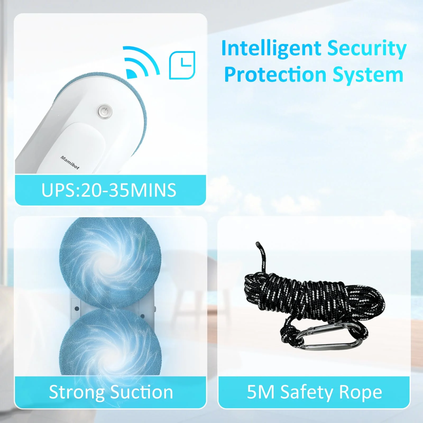 Mamibot W110-P Fensterputzroboter, automatischer intelligenter Navigations-Staubsauger Anti-Drop, mit APP und Fernbedienung, für Glas, Fliesen, 12 Stück Tücher (Weiss) - Image 6