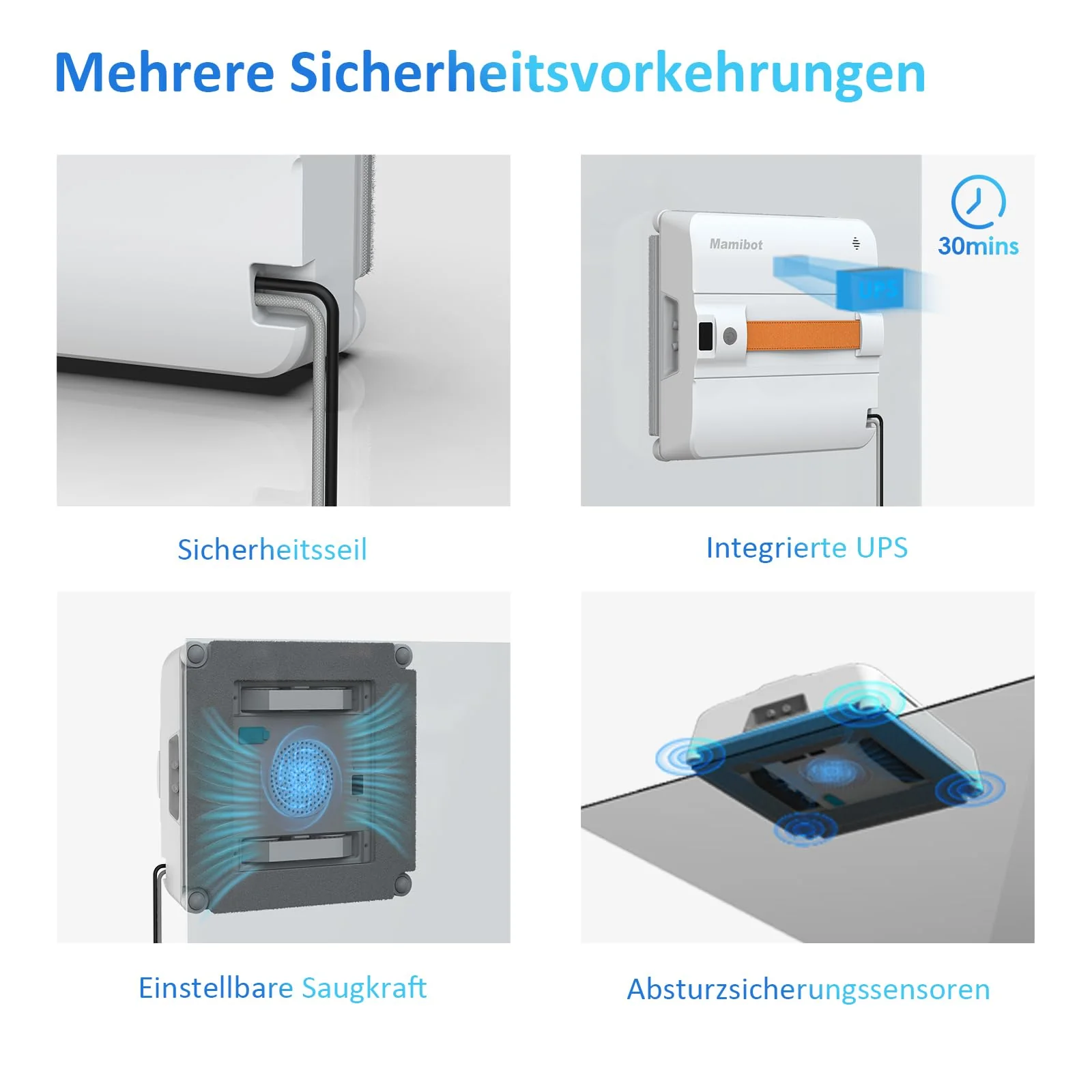 Mamibot W120-DP Fensterputzroboter mit Sprühfunktion, intelligente Pfadplanung, doppelter Kreuz-Wasserstrahl, Fern- und App-Steuerung für Glasreinigung, weiß-grau