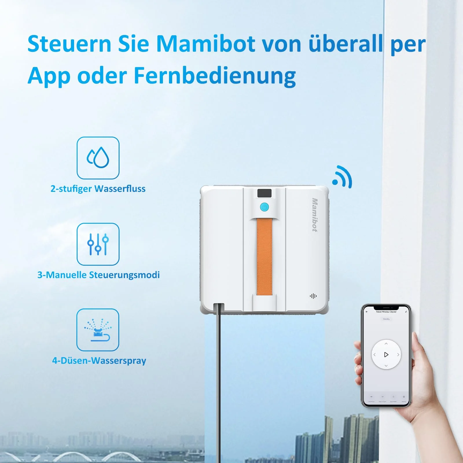 Mamibot W120-DP Fensterputzroboter, Sprühfunktion, intelligente Pfadplanung, doppelter Kreuz-Wasserstrahl, Fern- und App-Steuerung für Glasreinigung, Weiß/Blau - Image 4
