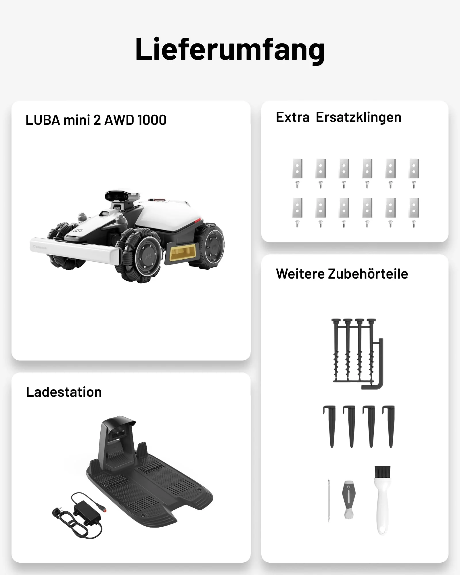MAMMOTION LUBA Mini 2 AWD 1000 Rasenroboter ohne Begrenzungskabel, empf.1000㎡ Tri-Kamera-AI-Vision & NetRTK-Positionierung, Auto-Mapping, DropMow-Modus, 80% Steigung,Schnitthöhe 20-65mm,10 Multi-Zonen