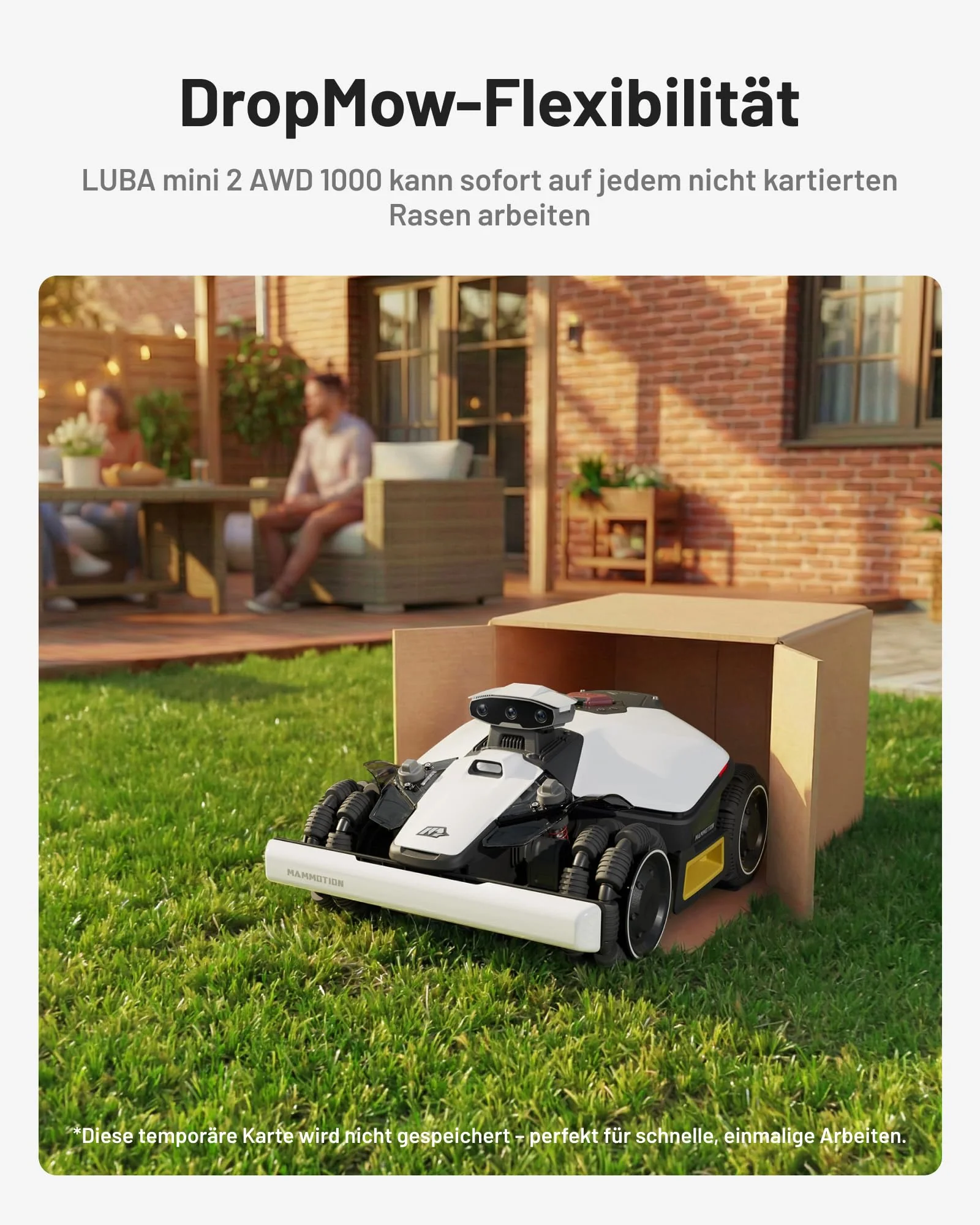 MAMMOTION LUBA Mini 2 AWD 1000 Rasenroboter ohne Begrenzungskabel, empf.1000㎡ Tri-Kamera-AI-Vision & NetRTK-Positionierung, Auto-Mapping, DropMow-Modus, 80% Steigung,Schnitthöhe 20-65mm,10 Multi-Zonen - Image 4