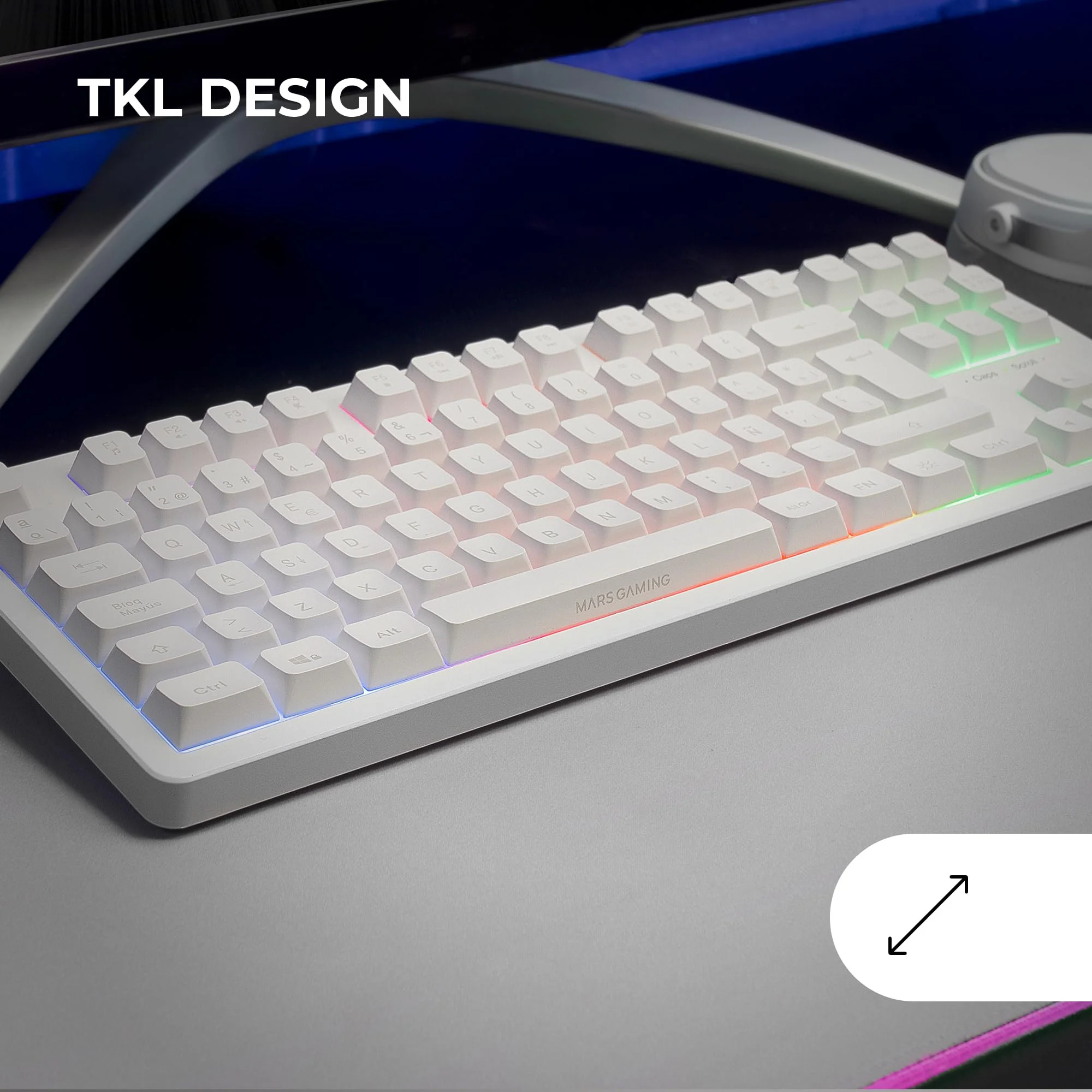 Mars Gaming MK023, Gaming Tastatur TKL, Hybrid H-Mech Technologie, FRGB Regenbogenbeleuchtung, Anti-Ghosting, Universelle Kompatibilität, Weiß, Spanische Sprache