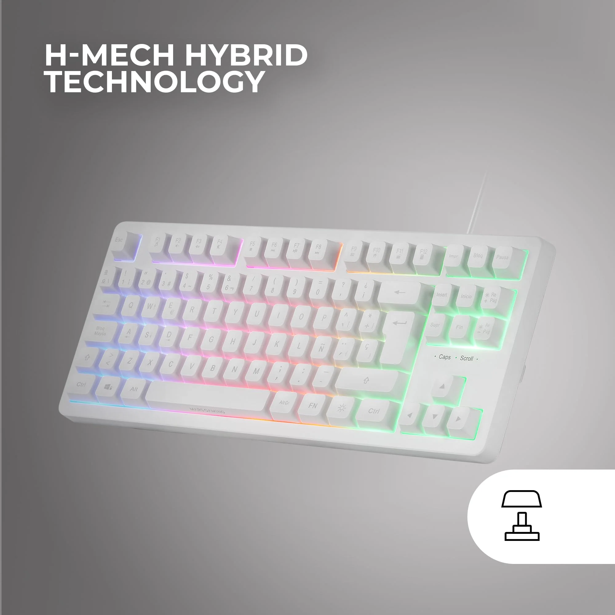 Mars Gaming MK023, Gaming Tastatur TKL, Hybrid H-Mech Technologie, FRGB Regenbogenbeleuchtung, Anti-Ghosting, Universelle Kompatibilität, Weiß, Spanische Sprache - Image 4