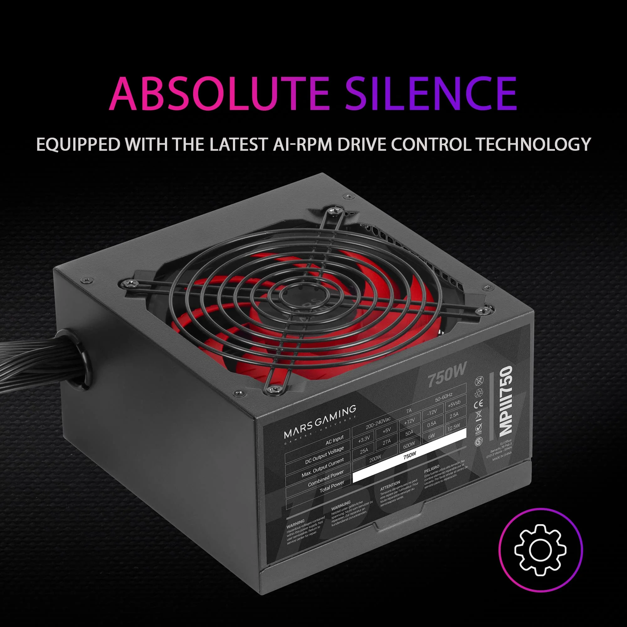 Mars Gaming MPIII750, PC ATX 750W Netzteil, 5 Jahre Garantie, Silent AI-RPM Technologie, 85% Wirkungsgrad, Schwarz - Image 4