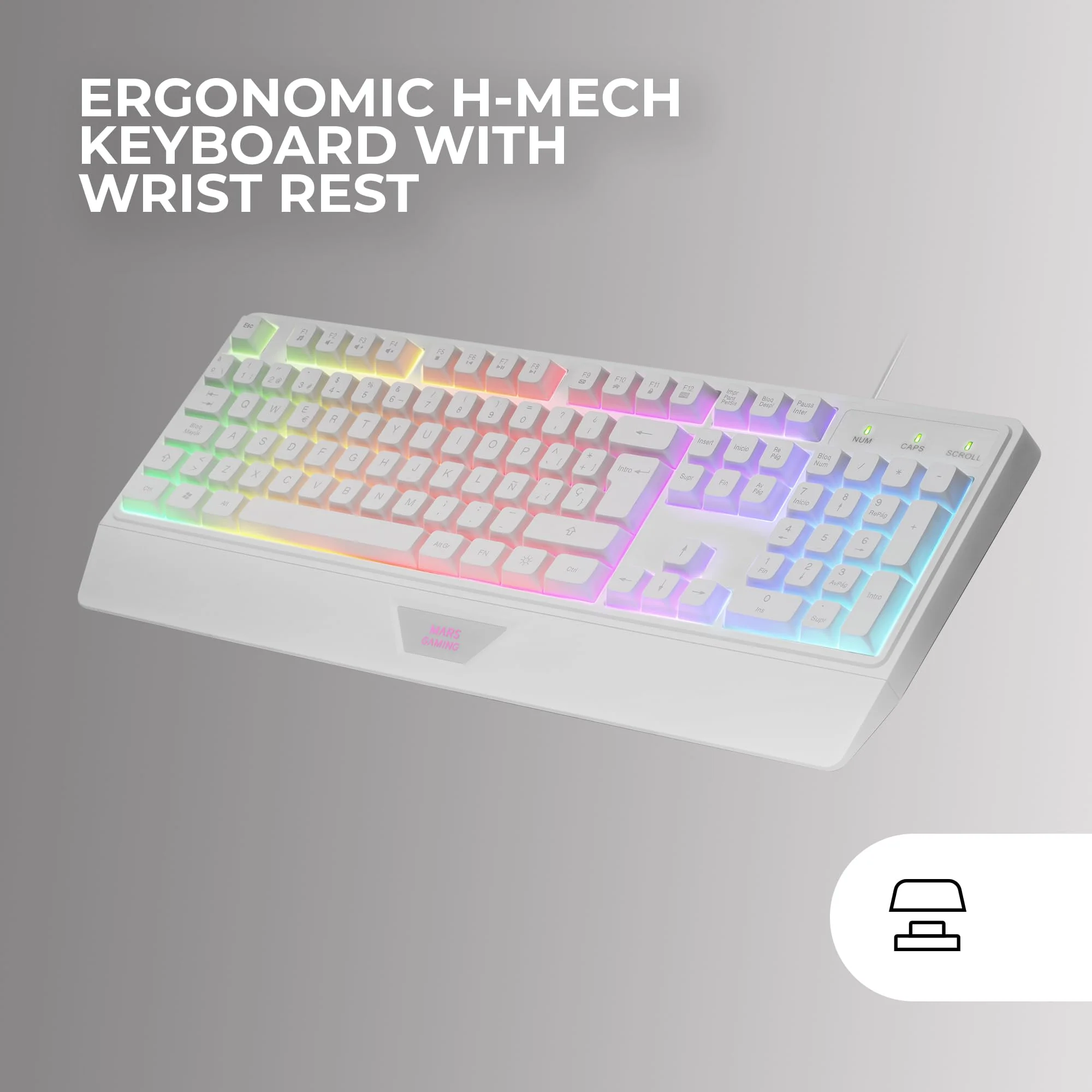 MARSGAMING MCP124, 3in1 Gaming Combo, Ergonomische H-Mech LED RGB Tastatur, RGB Maus 3200DPI HUANO Switches, Nanotextil-Mauspad 360x260mm, Multiplattform-Kompatibilität, Spanisches Layout, Weiß - Image 2
