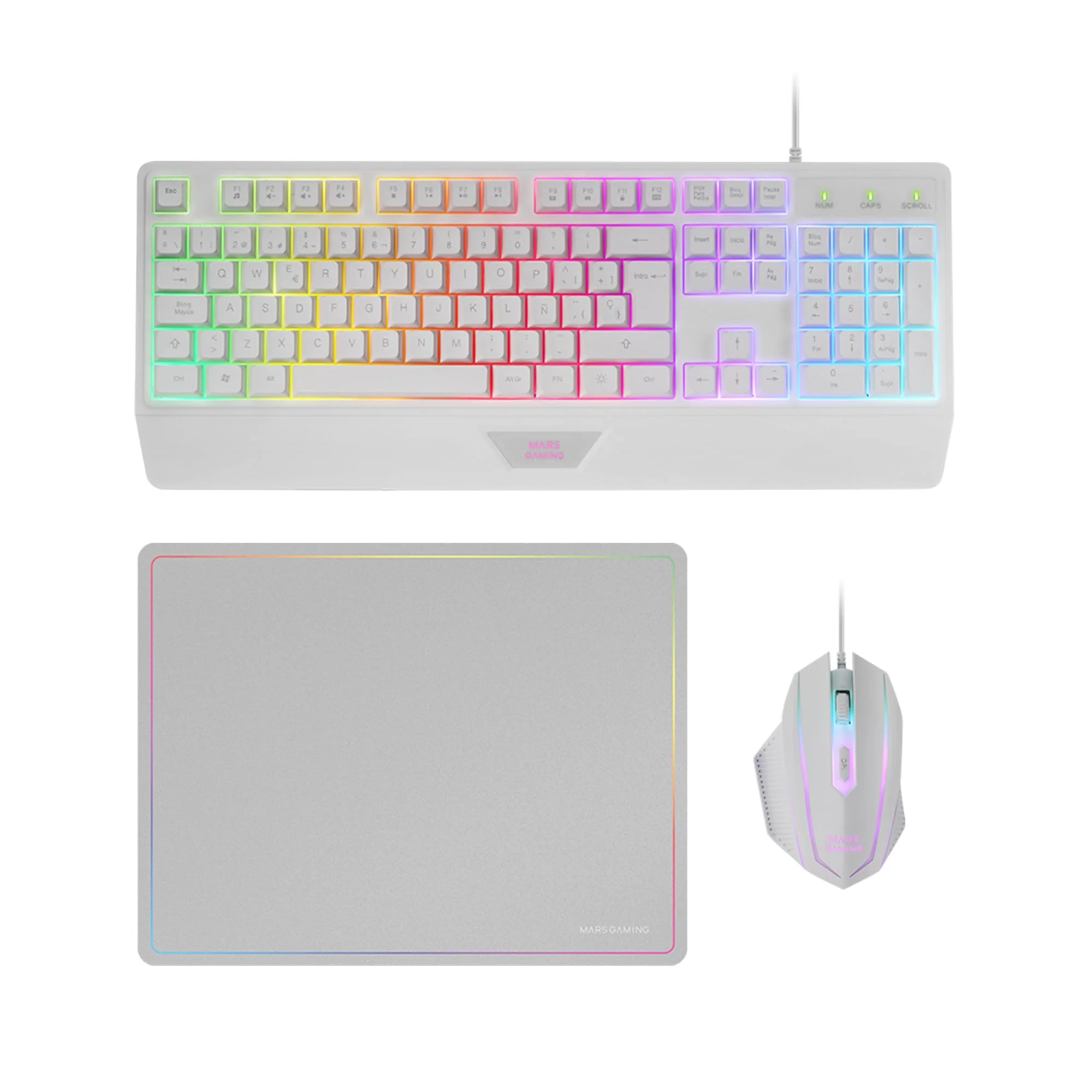 MARSGAMING MCP124, 3in1 Gaming Combo, Ergonomische H-Mech LED RGB Tastatur, RGB Maus 3200DPI HUANO Switches, Nanotextil-Mauspad 360x260mm, Multiplattform-Kompatibilität, Spanisches Layout, Weiß - Image 4