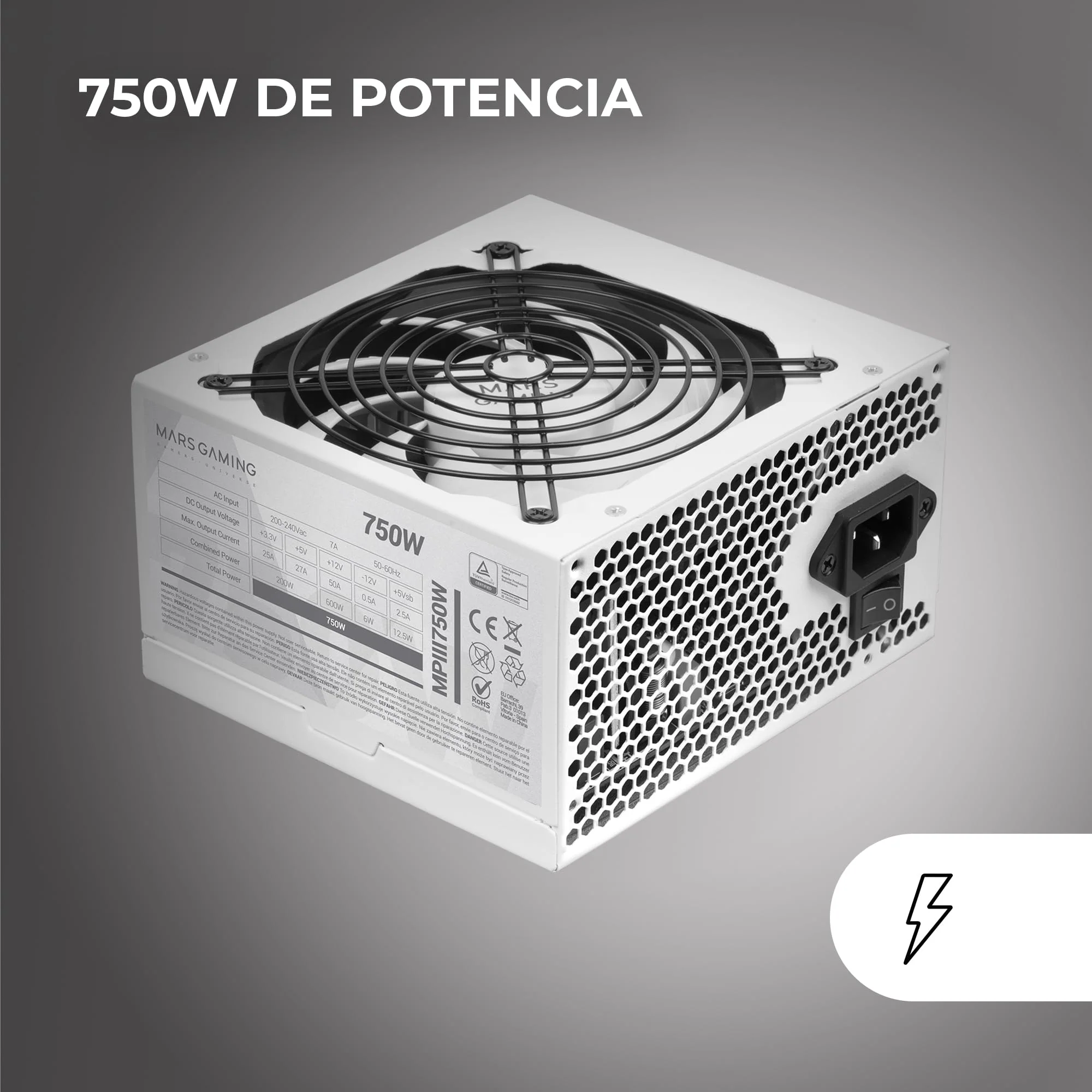 MARSGAMING MPIII750, PC ATX 750W Netzteil, 5 Jahre Garantie, 85% Wirkungsgrad, Digital APFC System, 120mm AI-RPM FDB Lüfter, DC-DC und SMD Technologien, Extralange Flachkabel, Weiß - Image 3