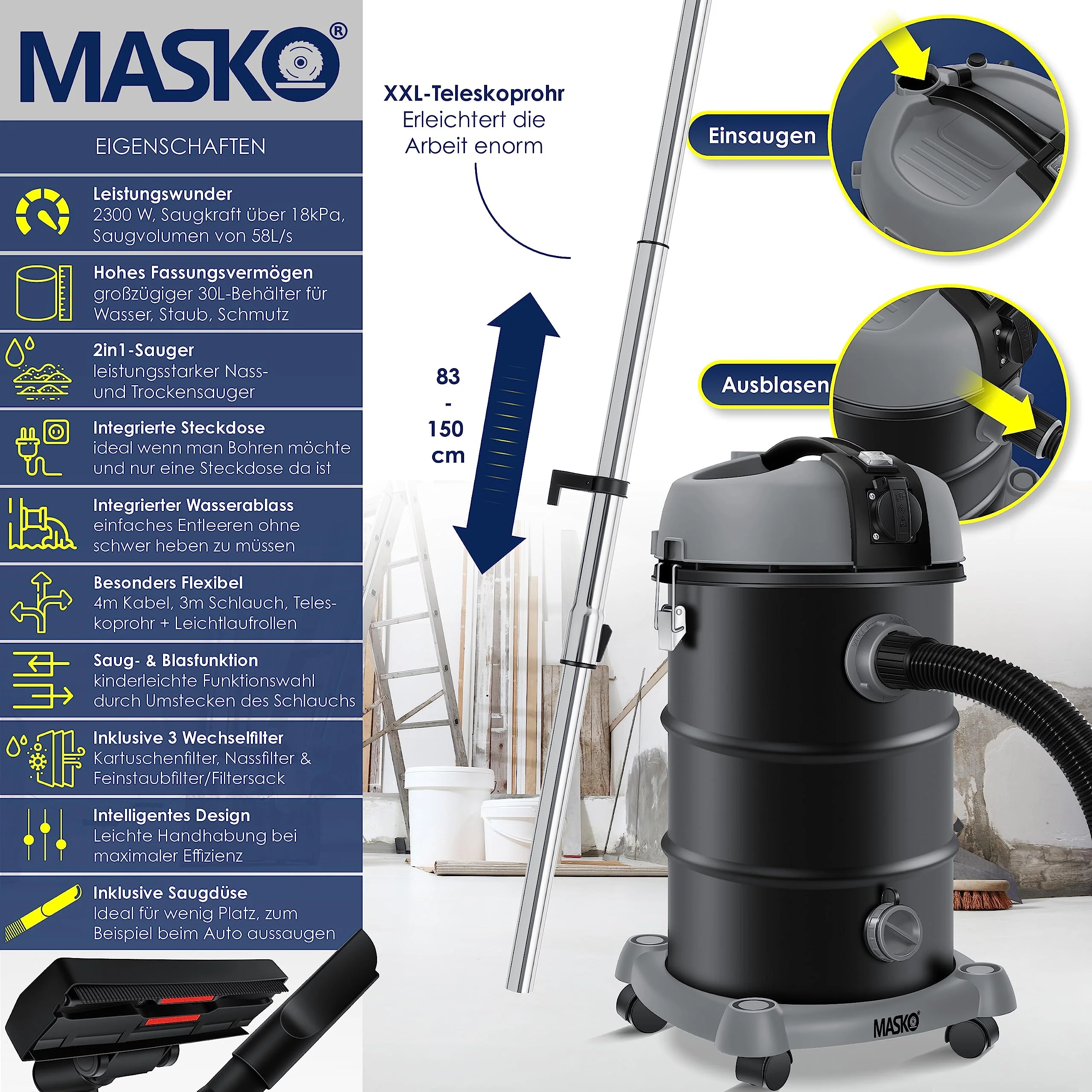 MASKO® Industriestaubsauger Staubsauger Nass Trocken Sauger Edelstahl 2300W + Steckdose | Blasfunktion | Trocken-Saugen & Nass-Saugen | Push&Clean | Industrie-Sauger mit & ohne Beutel | beutellos - Image 6