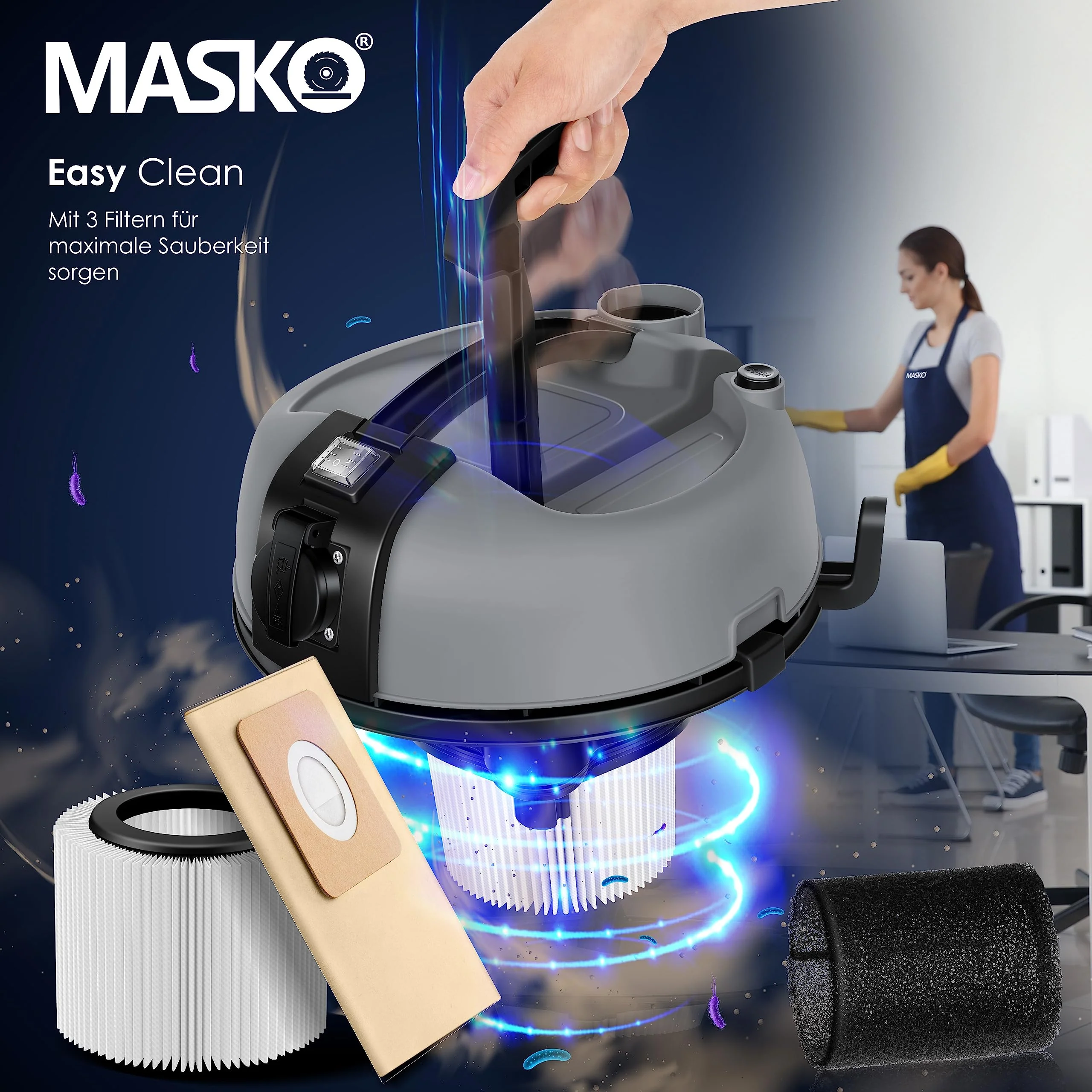 MASKO® Industriestaubsauger Staubsauger Nass Trocken Sauger Edelstahl 2300W + Steckdose | Blasfunktion | Trocken-Saugen & Nass-Saugen | Push&Clean | Industrie-Sauger mit & ohne Beutel | beutellos - Image 9