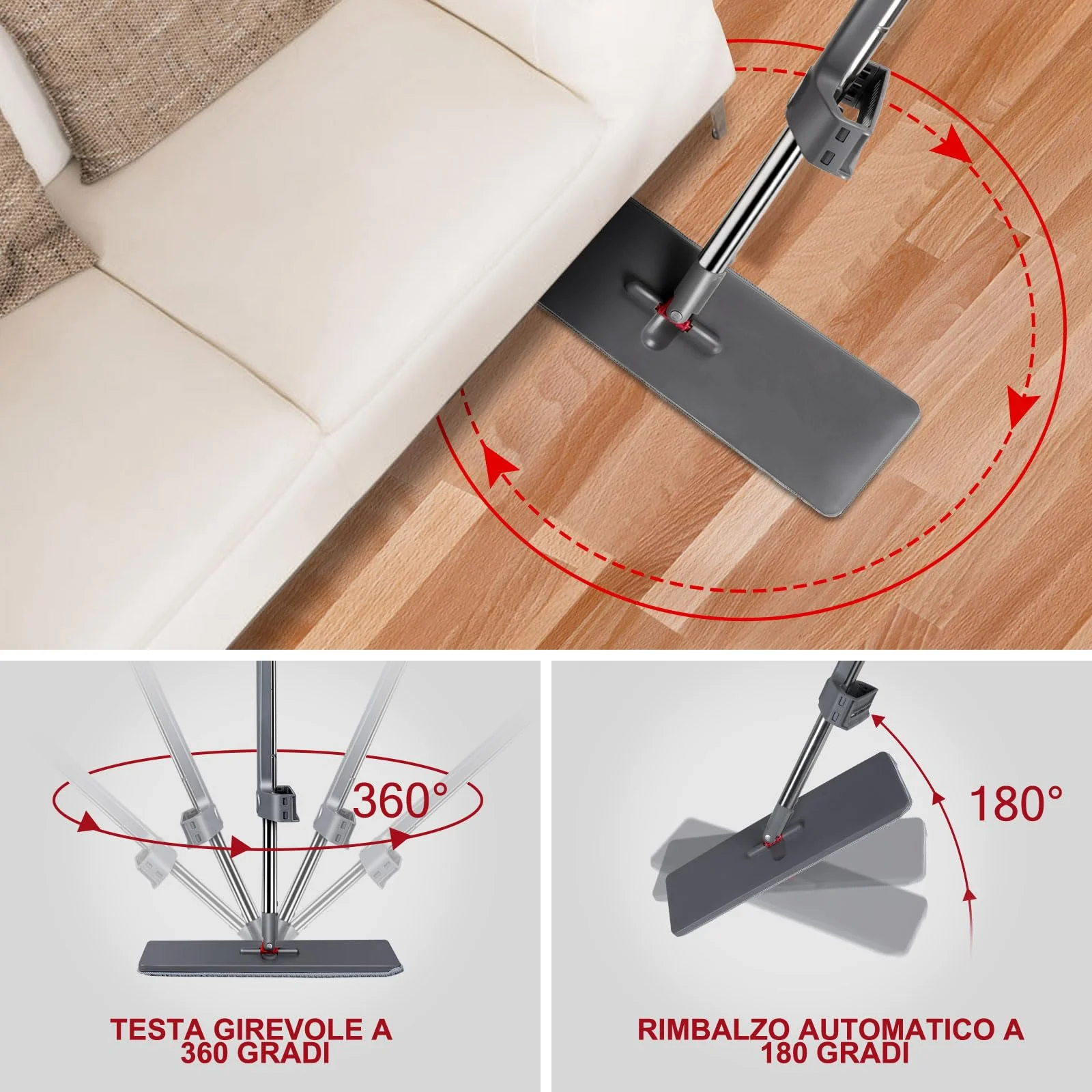 Masthome Flachmopp mit Auswringfunktion, Mikrofaser Bodenwischer Set und 6 Wischpads, Aufrechte Funktion Wischmopp mit Auswringfunktion,Wischer Boden für Hartholz Laminat Fliesen Bodenreinigung - Image 2