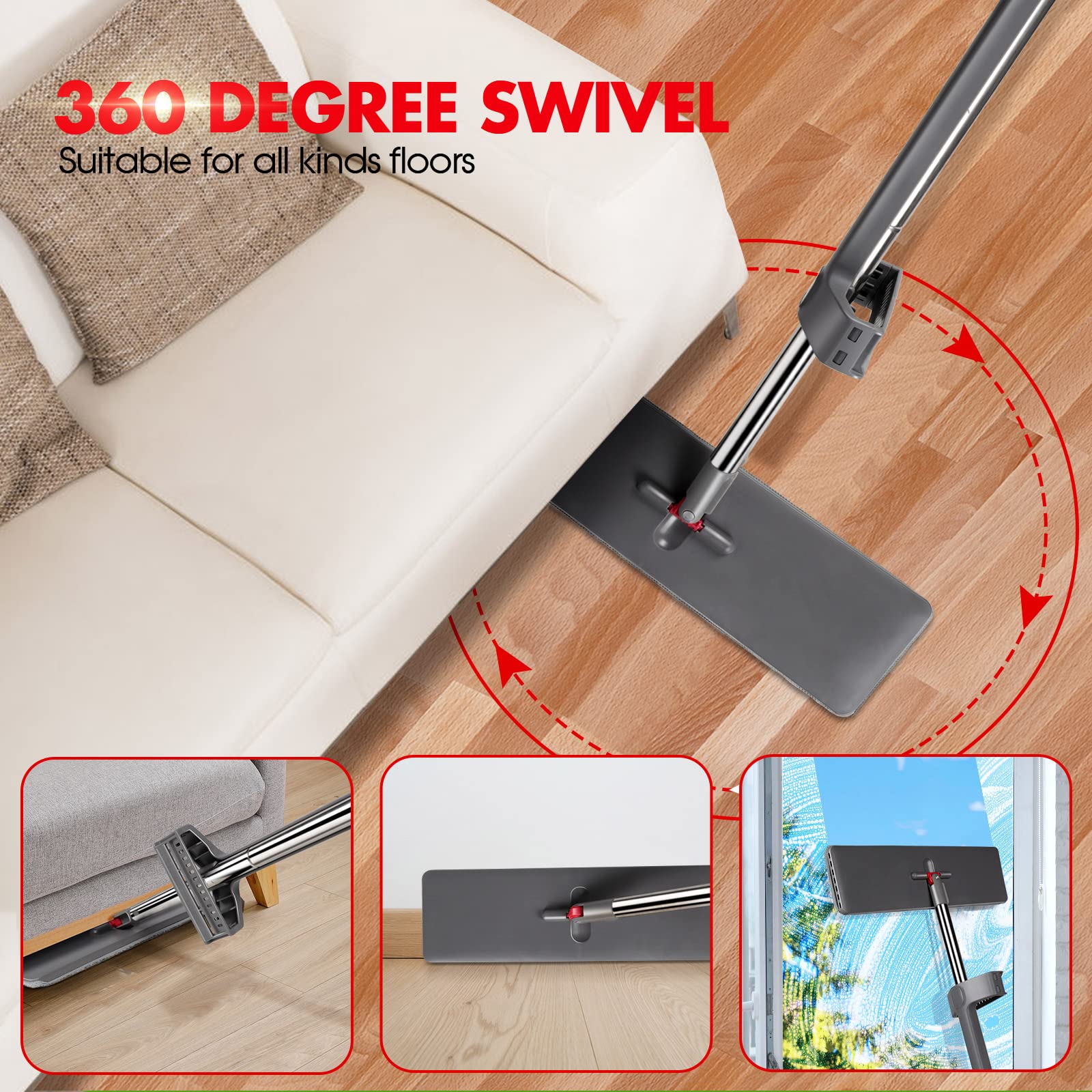 Masthome Flachmopp mit Auswringfunktion, Mikrofaser Bodenwischer Set und 6 Wischpads, Aufrechte Funktion Wischmopp mit Auswringfunktion,Wischer Boden für Hartholz Laminat Fliesen Bodenreinigung - Image 4