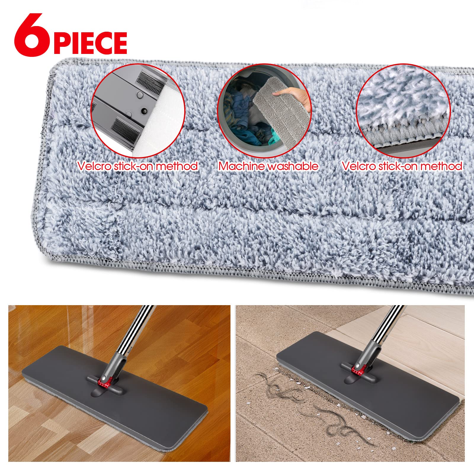 Masthome Flachmopp mit Auswringfunktion, Mikrofaser Bodenwischer Set und 6 Wischpads, Aufrechte Funktion Wischmopp mit Auswringfunktion,Wischer Boden für Hartholz Laminat Fliesen Bodenreinigung - Image 7