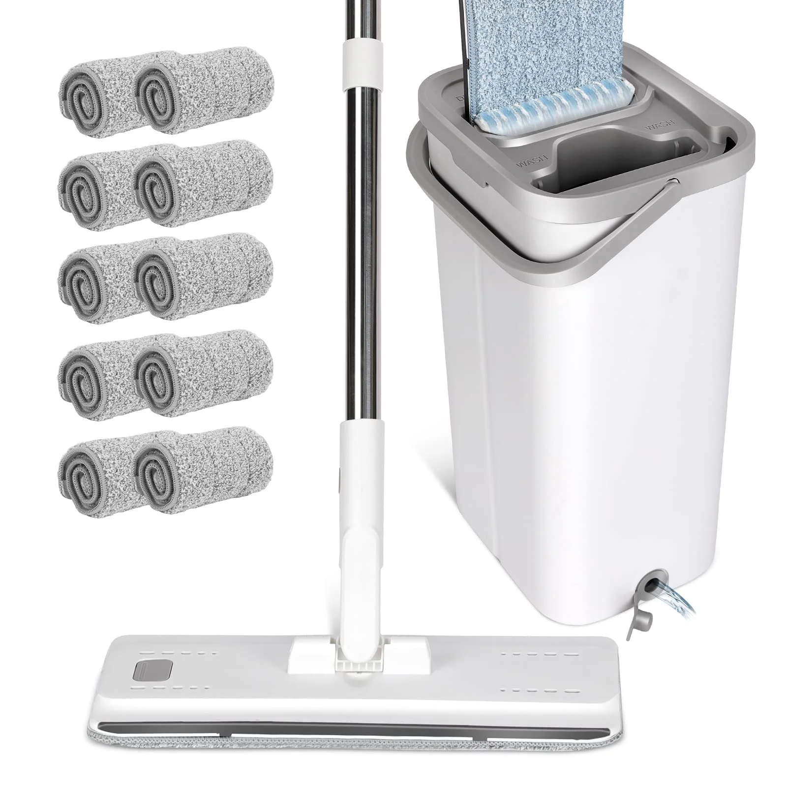 Masthome Wischmopp Set mit Eimer,Bodenwischer Set mit 10 Mikrofaser Pads und Langem Edelstahl Griff,Putzeimer mit Wischmop,Wischmopp mit Auswringfunktion für Alle Böden,Weiß