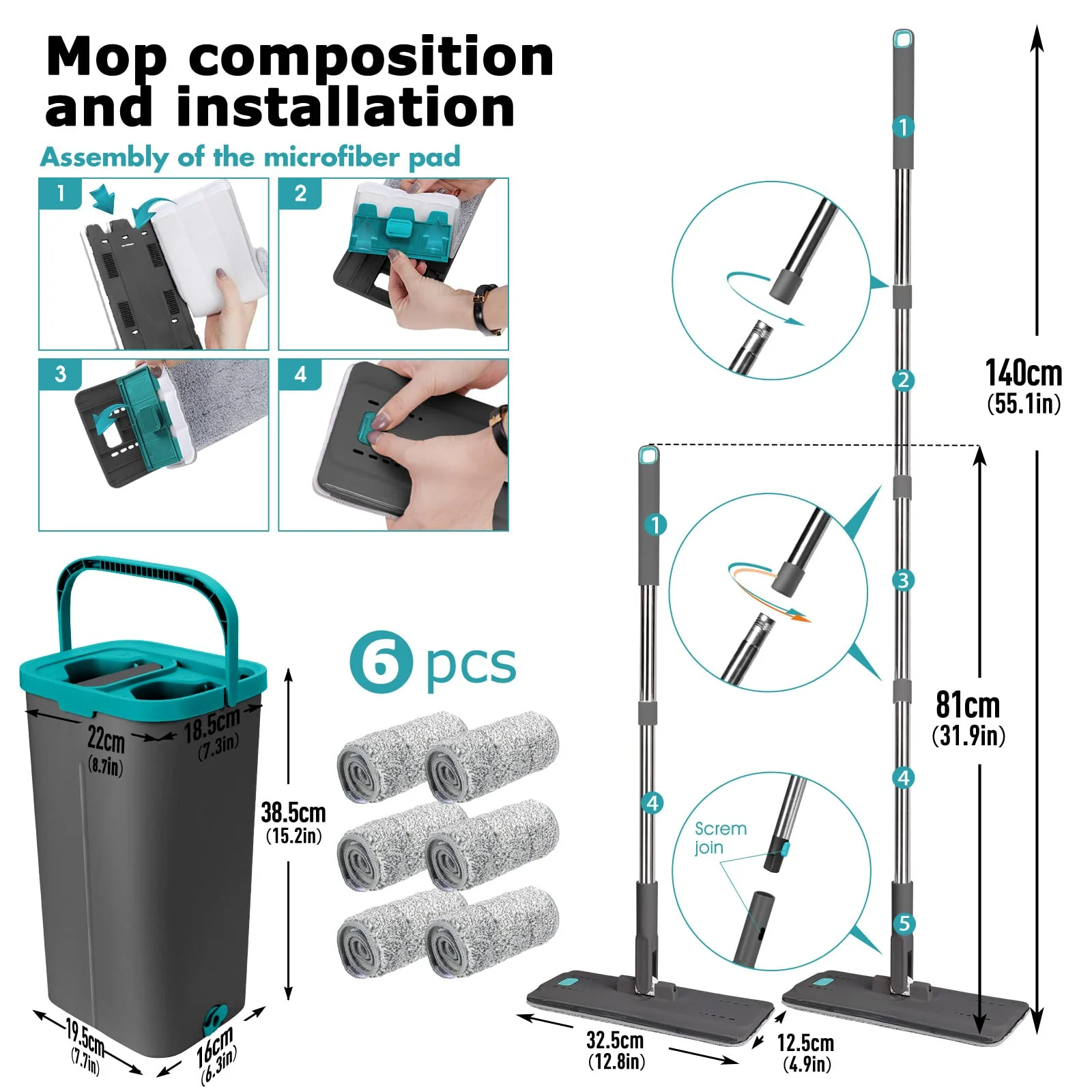 Masthome Wischmopp Set mit Eimer, Putzeimer mit Wischmop mit 6 Wischpads,Bodenwischer mit Auswringfunktion,Flachmopp und Putzeimer Set für Bodenreinigung Hartholz, Fliesen, Laminat - Grau+Blau - Image 2