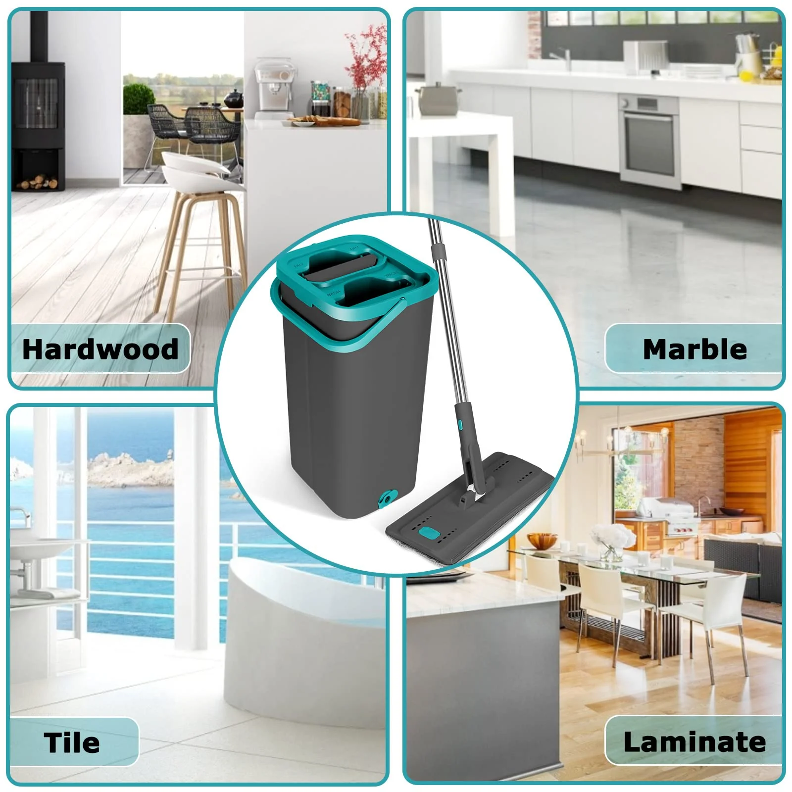 Masthome Wischmopp Set mit Eimer, Putzeimer mit Wischmop mit 6 Wischpads,Bodenwischer mit Auswringfunktion,Flachmopp und Putzeimer Set für Bodenreinigung Hartholz, Fliesen, Laminat - Grau+Blau - Image 4