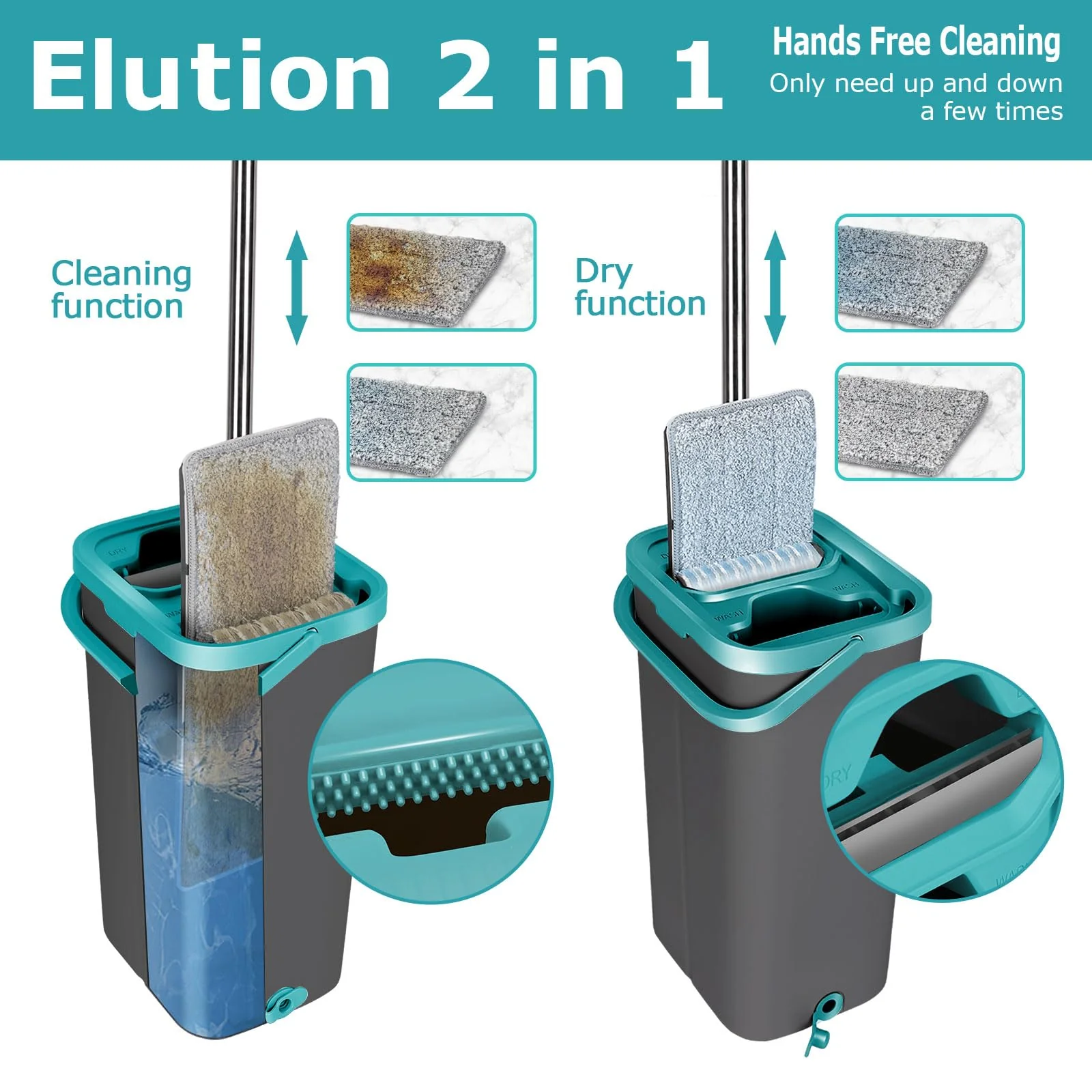 Masthome Wischmopp Set mit Eimer, Putzeimer mit Wischmop mit 6 Wischpads,Bodenwischer mit Auswringfunktion,Flachmopp und Putzeimer Set für Bodenreinigung Hartholz, Fliesen, Laminat - Grau+Blau - Image 5