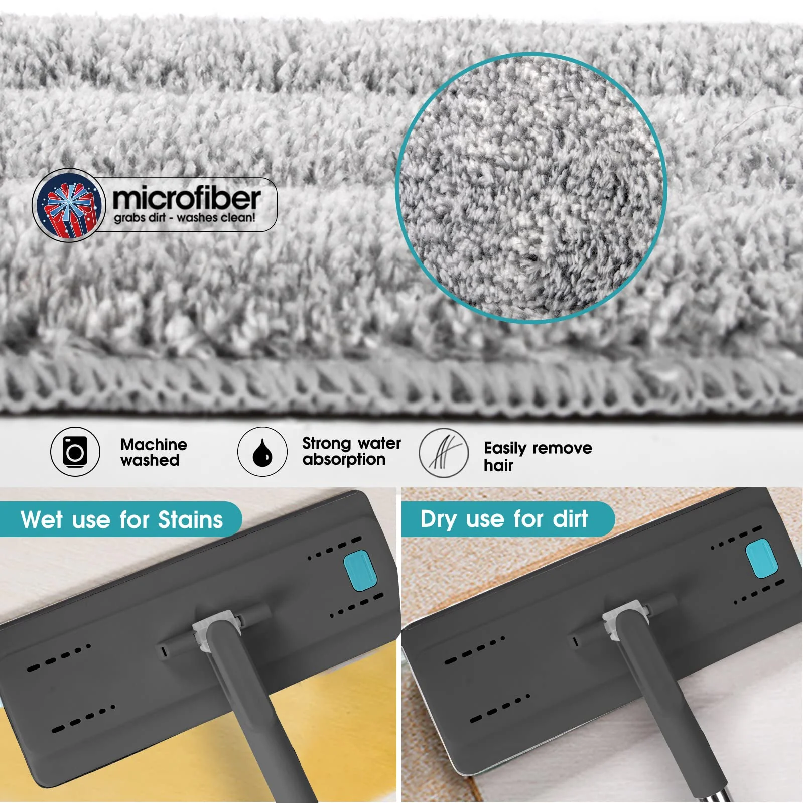 Masthome Wischmopp Set mit Eimer, Putzeimer mit Wischmop mit 6 Wischpads,Bodenwischer mit Auswringfunktion,Flachmopp und Putzeimer Set für Bodenreinigung Hartholz, Fliesen, Laminat - Grau+Blau - Image 6