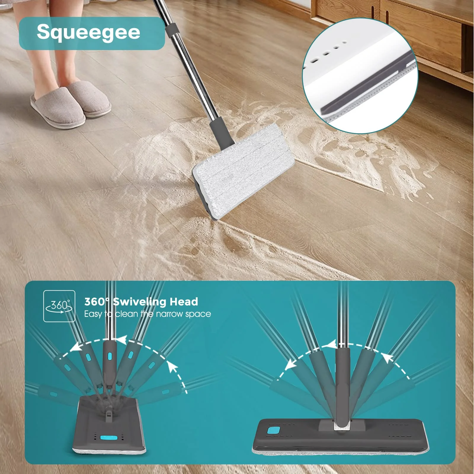 Masthome Wischmopp Set mit Eimer, Putzeimer mit Wischmop mit 6 Wischpads,Bodenwischer mit Auswringfunktion,Flachmopp und Putzeimer Set für Bodenreinigung Hartholz, Fliesen, Laminat - Grau+Blau - Image 7