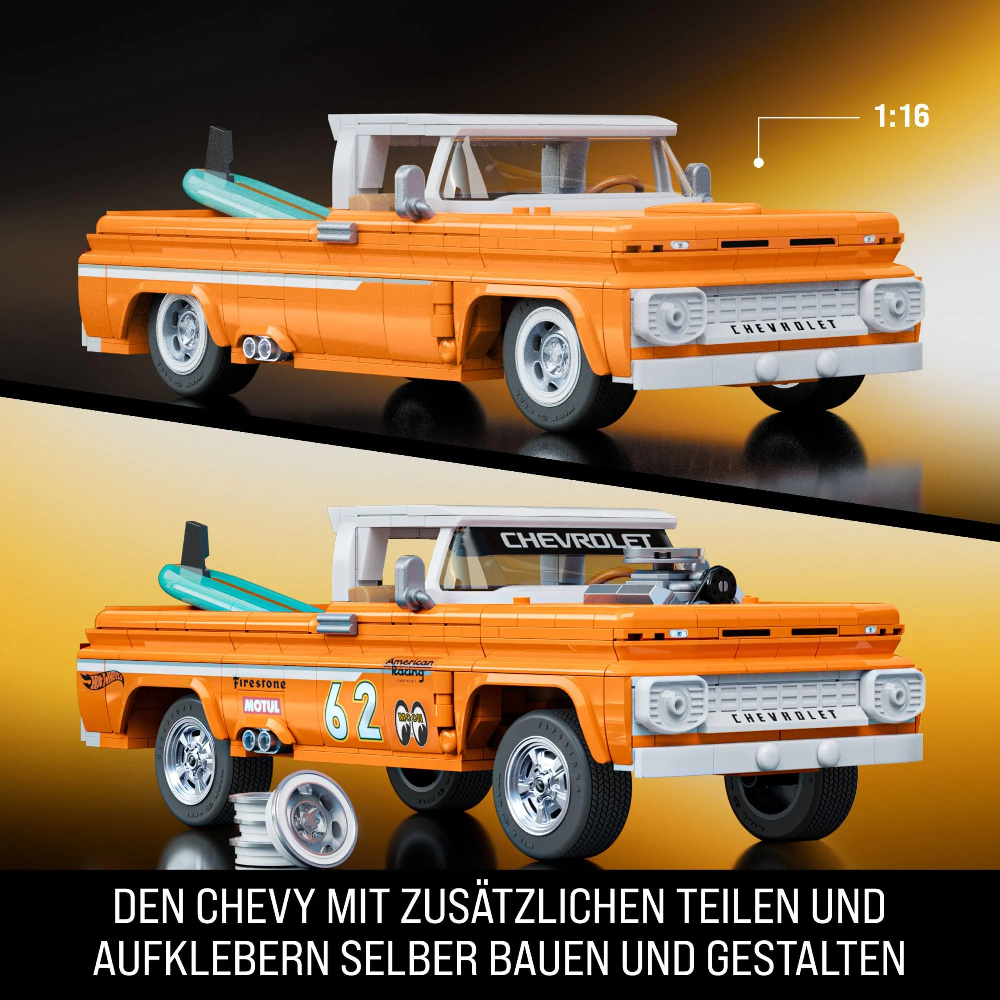 Mattel Brick Shop Hot Wheels Elite Serie Bauset, Custom ’62 Chevy Pickup mit 858 Teilen, realistischen Details und individuellen Aufklebern, für Sammler und Kinder ab 10 Jahren, JFT20 - Image 5