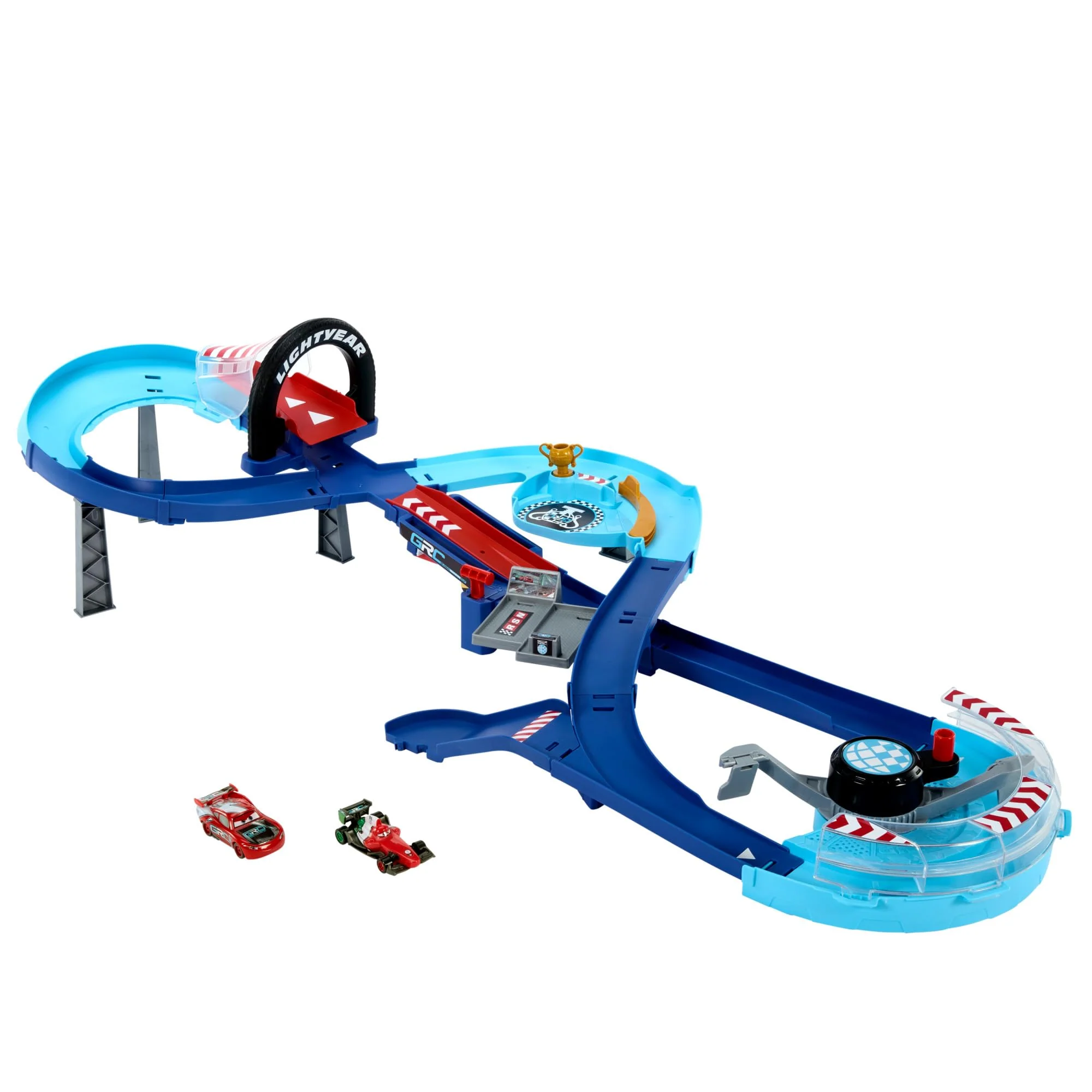 Mattel Disney und Pixar Cars Spielset mit 2 Spielzeugautos, Lightning McQueen und Francesco Bernoulli, GRC Sprung-Rennstrecke Trackset mit manuellem Beschleuniger, HXJ32