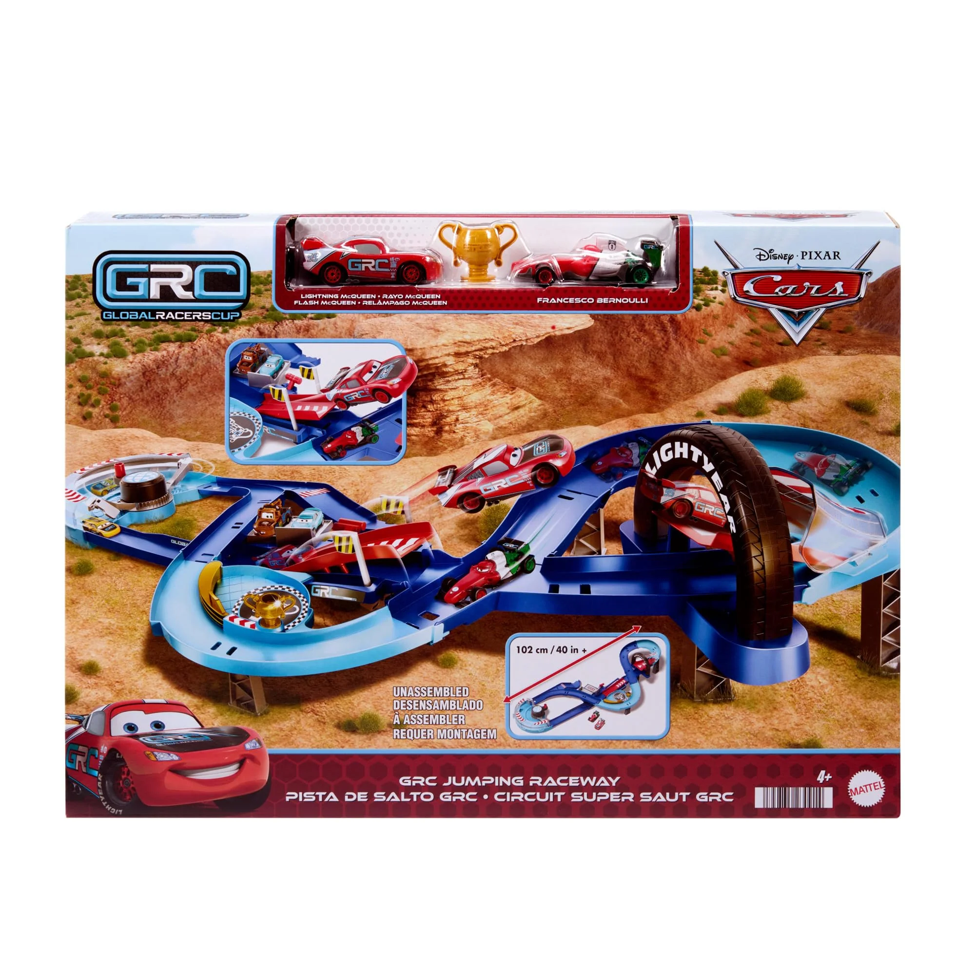 Mattel Disney und Pixar Cars Spielset mit 2 Spielzeugautos, Lightning McQueen und Francesco Bernoulli, GRC Sprung-Rennstrecke Trackset mit manuellem Beschleuniger, HXJ32 - Image 2