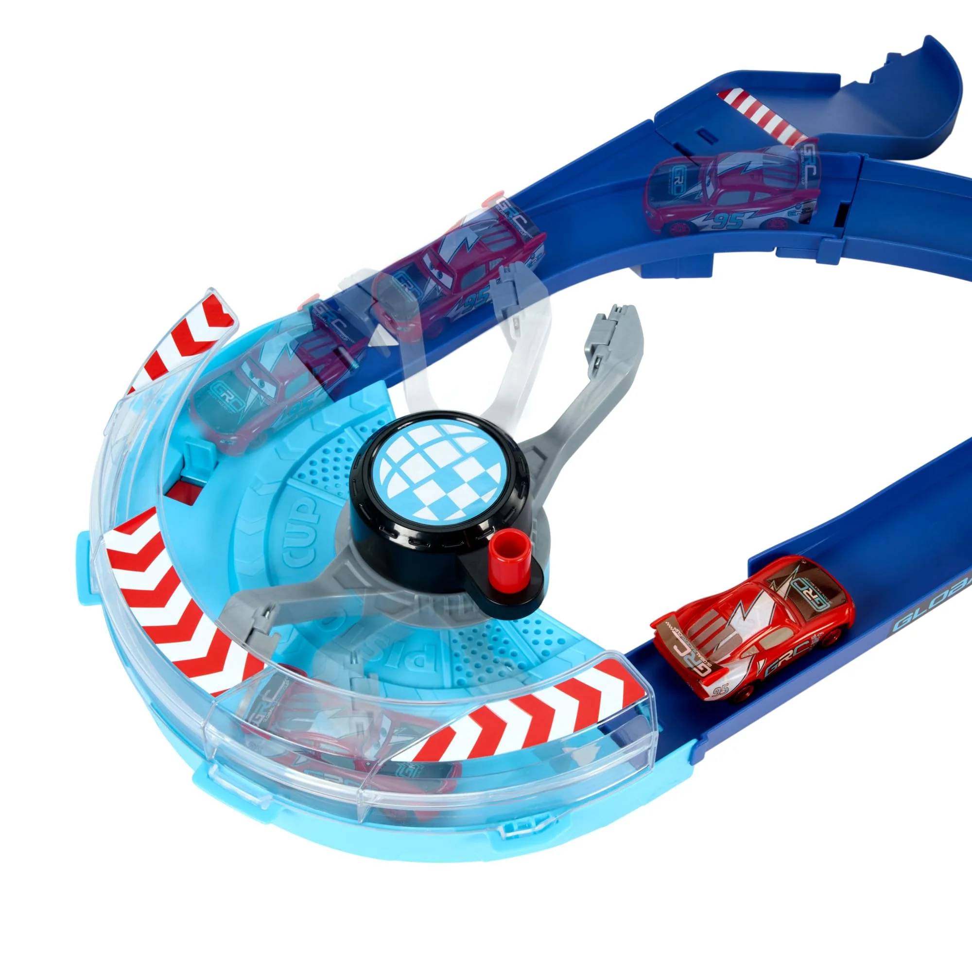 Mattel Disney und Pixar Cars Spielset mit 2 Spielzeugautos, Lightning McQueen und Francesco Bernoulli, GRC Sprung-Rennstrecke Trackset mit manuellem Beschleuniger, HXJ32 - Image 3