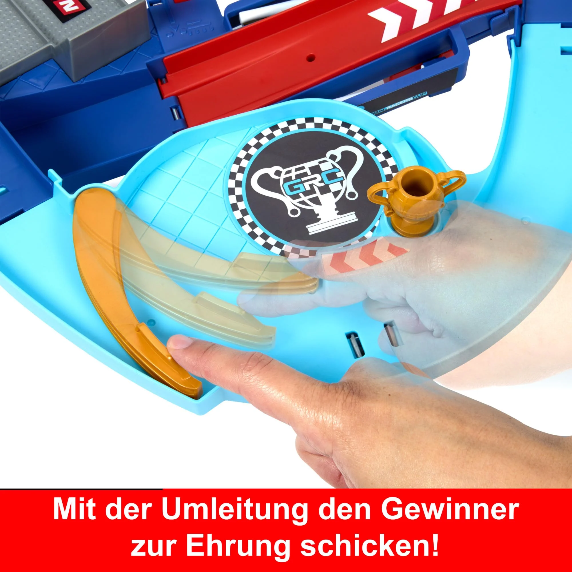 Mattel Disney und Pixar Cars Spielset mit 2 Spielzeugautos, Lightning McQueen und Francesco Bernoulli, GRC Sprung-Rennstrecke Trackset mit manuellem Beschleuniger, HXJ32 - Image 4